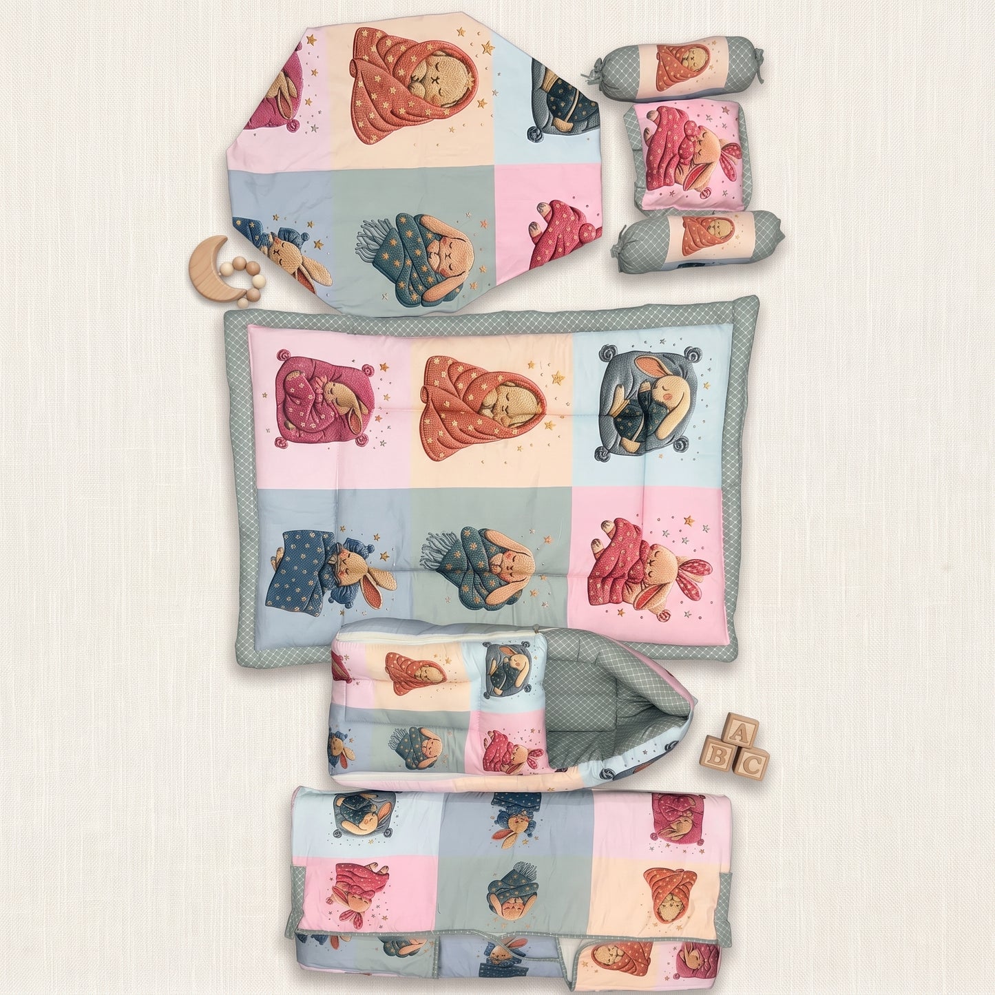 MONIMINI LUXURY DIGITAL PRINT BABY BEDDING COMBO SET FOR NEWBORNS 7-PIECE COTTON BABY CARE ESSENTIALS