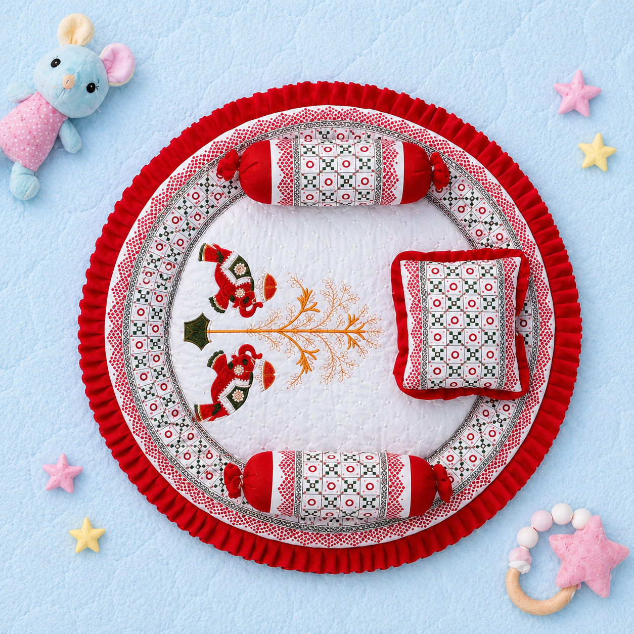 MONIMINI ROYAL EMBROIDERY ELEPHANT BABY BEDDING SET | PREMIUM ROUND NEWBORN MATTRESS WITH PILLOW & BOLSTERS