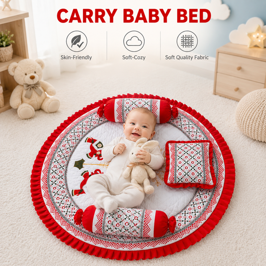 MONIMINI ROYAL EMBROIDERY ELEPHANT BABY BEDDING SET | PREMIUM ROUND NEWBORN MATTRESS WITH PILLOW & BOLSTERS