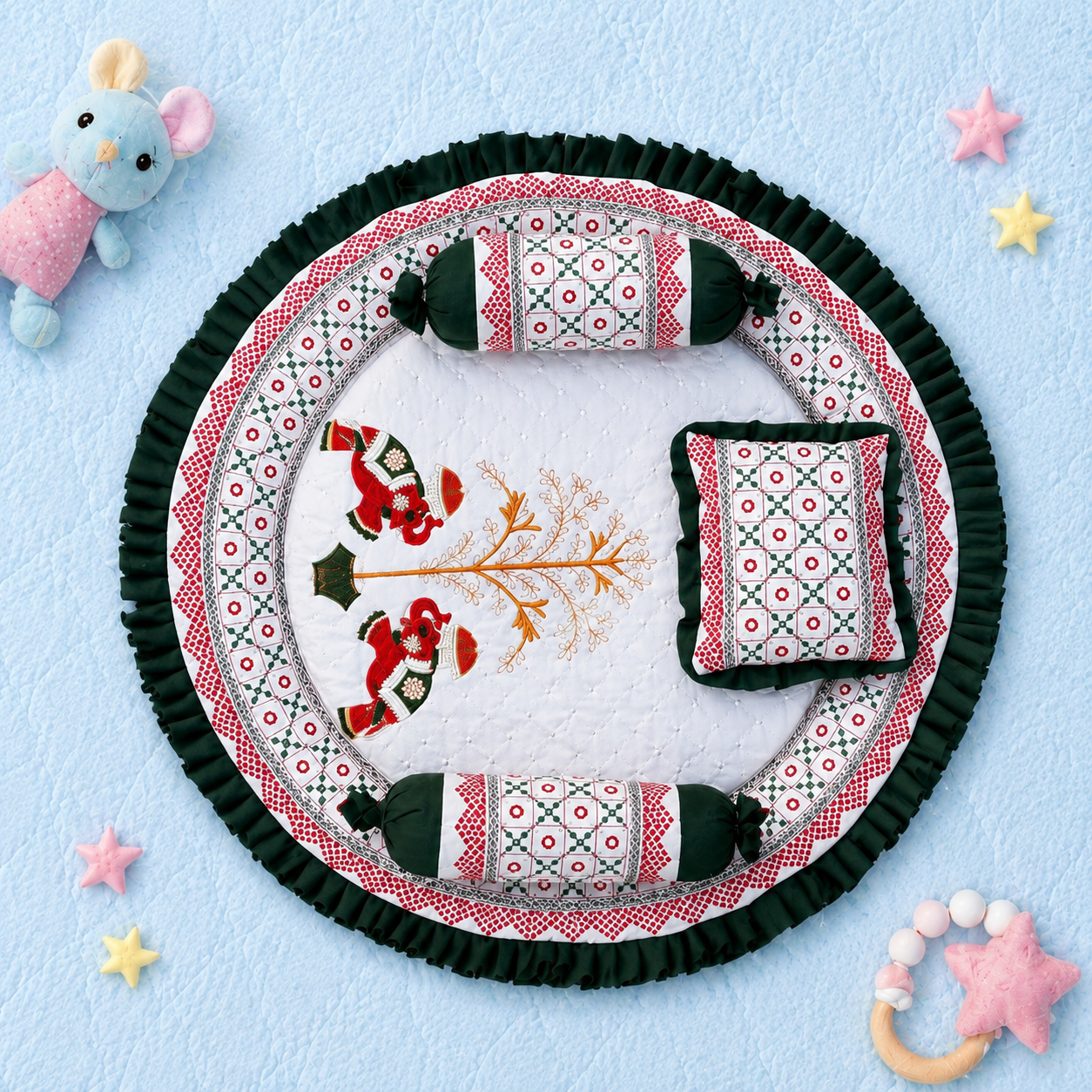 MONIMINI ROYAL EMBROIDERY ELEPHANT BABY BEDDING SET | PREMIUM ROUND NEWBORN MATTRESS WITH PILLOW & BOLSTERS (Copy)