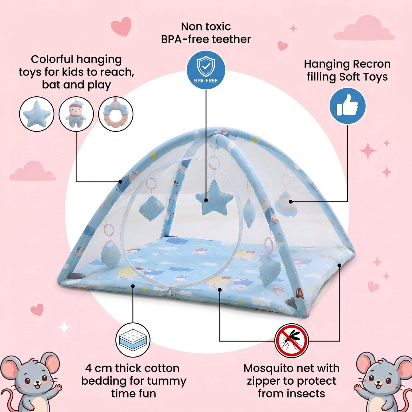 MONIMINI 3-IN-1 BABY PLAY GYM WITH MOSQUITO NET | FOLDABLE ACTIVITY MAT, HANGING TOYS & SAFE PLAY TENT FOR NEWBORNS