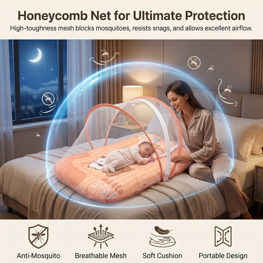 MONIMINI KING SIZE MOSQUITO NET BABY MATTRESS | PREMIUM DIGITAL PRINT SOFT COTTON SLEEPING & PLAY BED FOR NEWBORNS