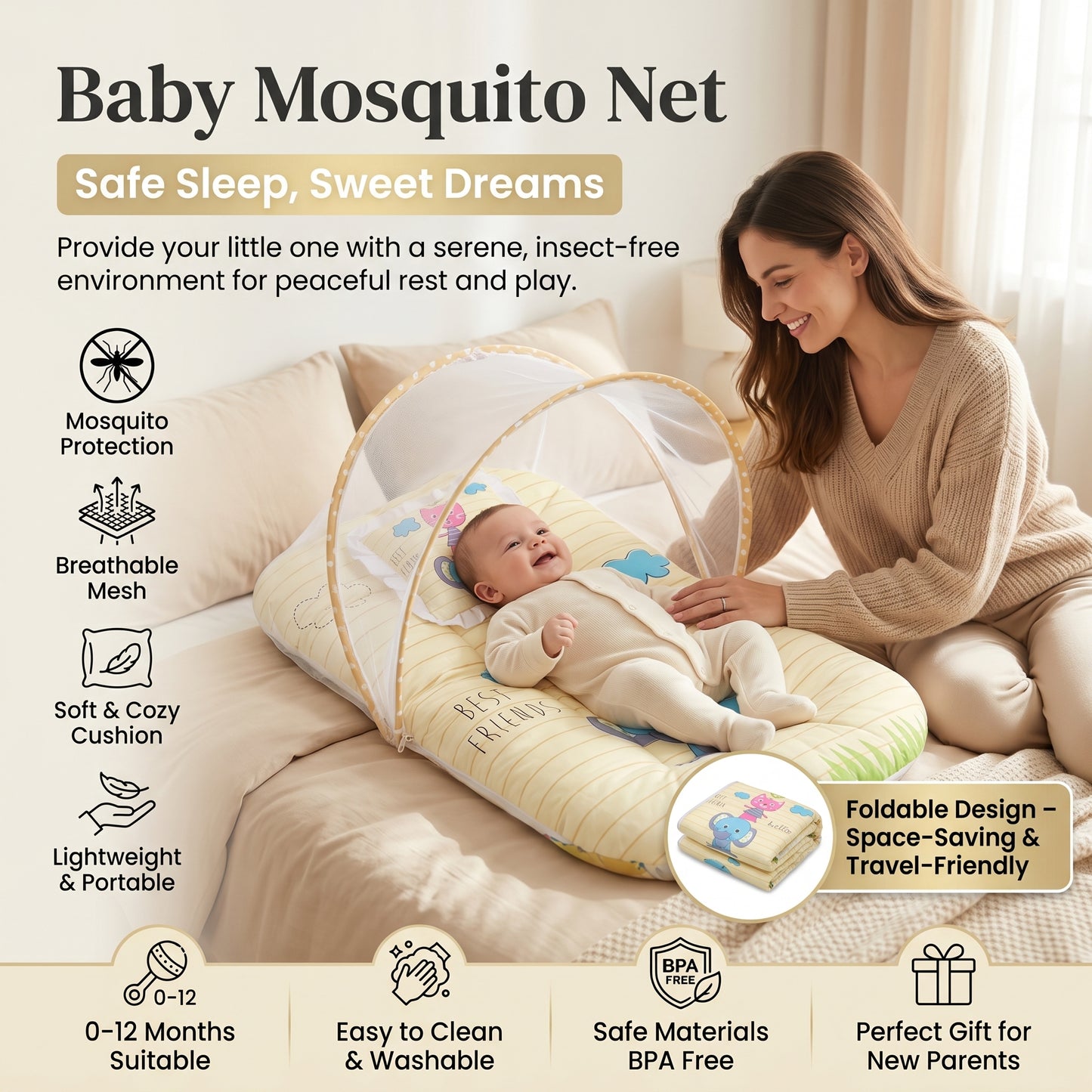 MONIMINI KING SIZE MOSQUITO NET BABY MATTRESS | PREMIUM DIGITAL PRINT SOFT COTTON SLEEPING & PLAY BED FOR NEWBORNS