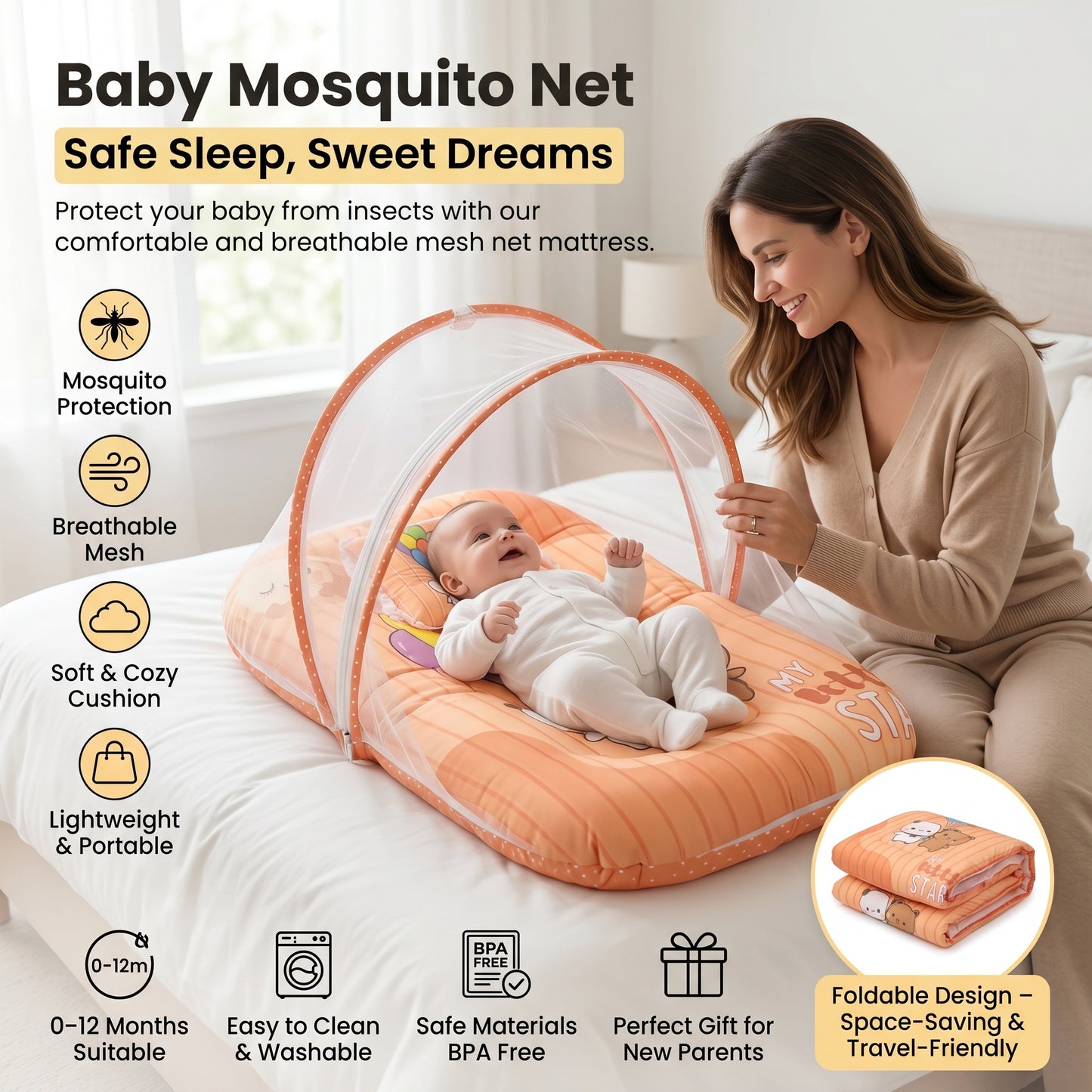MONIMINI KING SIZE MOSQUITO NET BABY MATTRESS | PREMIUM DIGITAL PRINT SOFT COTTON SLEEPING & PLAY BED FOR NEWBORNS