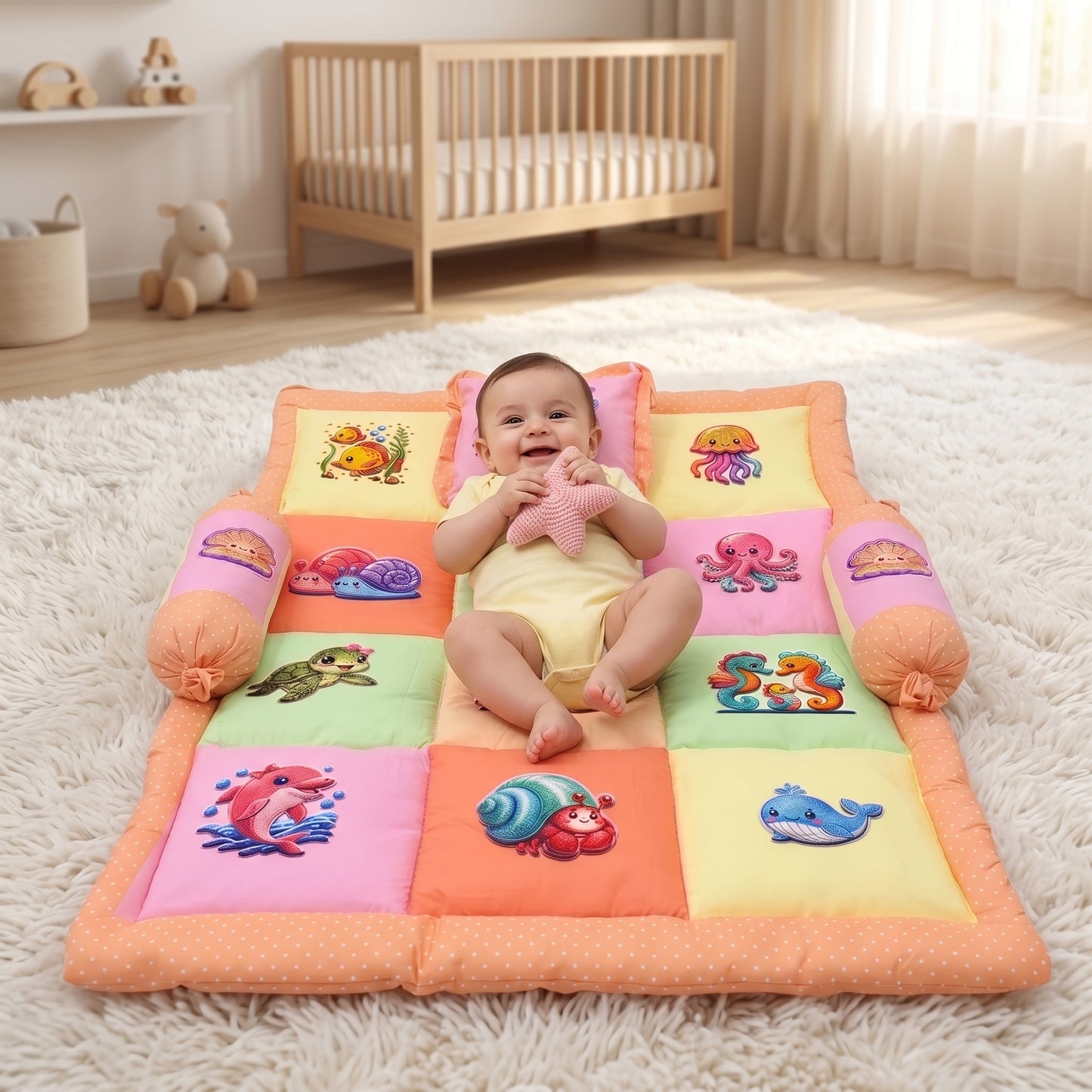 MONIMINI PREMIUM OCEAN THEME PRINT BABY MATTRESS SET | SOFT COTTON SLEEPING & PLAY MAT WITH PILLOW AND BOLSTER FOR NEWBORNS