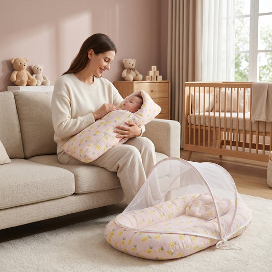 MONIMINI MUSLIN COMBO FOR NEWBORNS | BABY SLEEPING BAG & MOSQUITO NET BED | SOFT COTTON BABY CARE ESSENTIALS