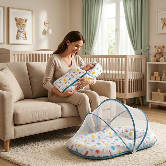MONIMINI MUSLIN COMBO FOR NEWBORNS | BABY SLEEPING BAG & MOSQUITO NET BED | SOFT COTTON BABY CARE ESSENTIALS