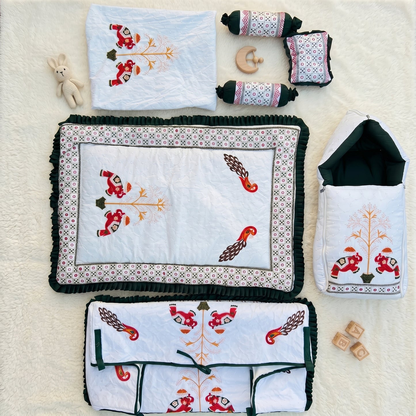 MONIMINI COMPLETE 7 PIECE EMBROIDERY BEDDING SET ESSENTIALS COMBO FOR BABY 0-6 MONTHS