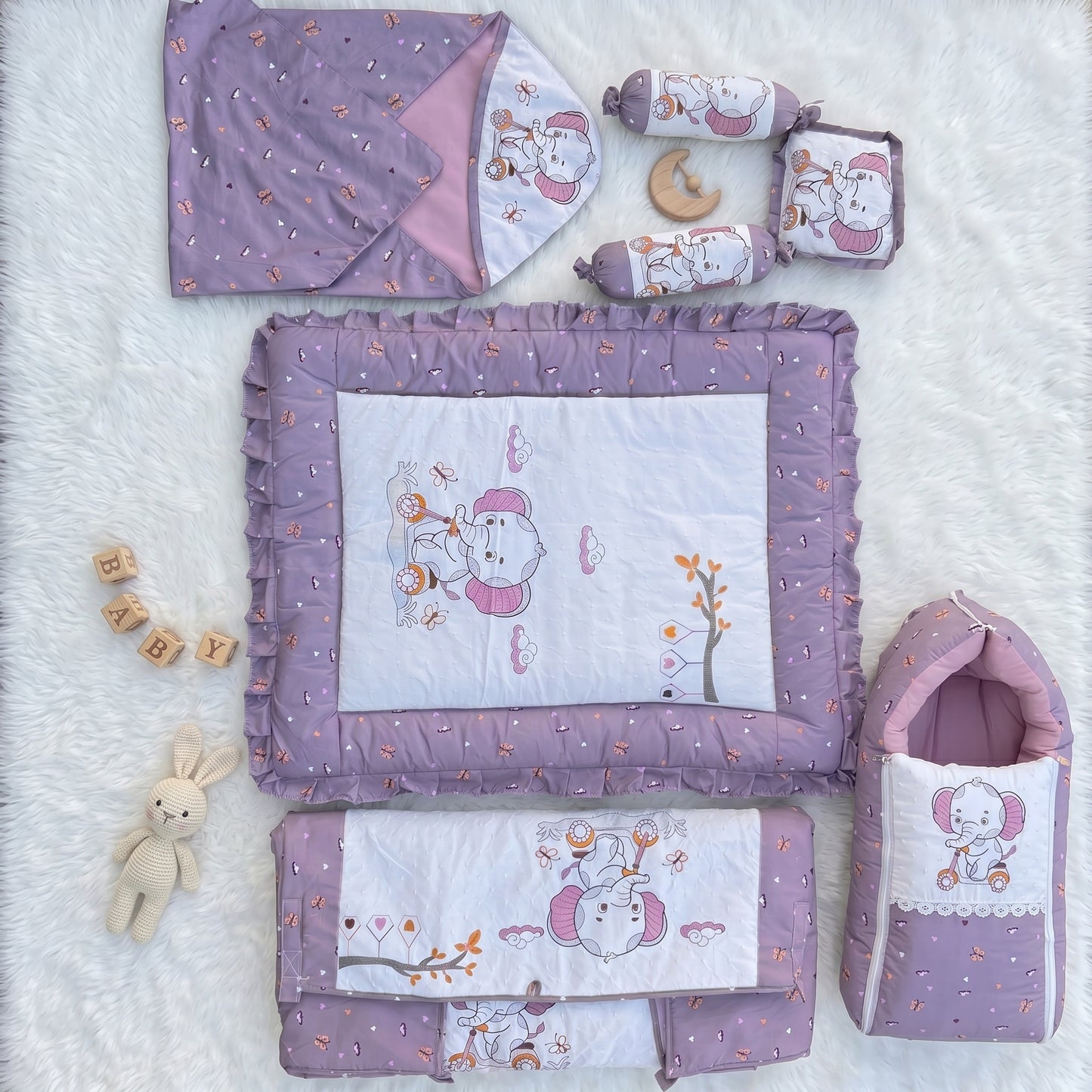 MONIMINI LUXURY EMBROIDERY BABY BEDDING COMBO SET FOR NEWBORNS 7-PIECE COTTON BABY CARE ESSENTIALS