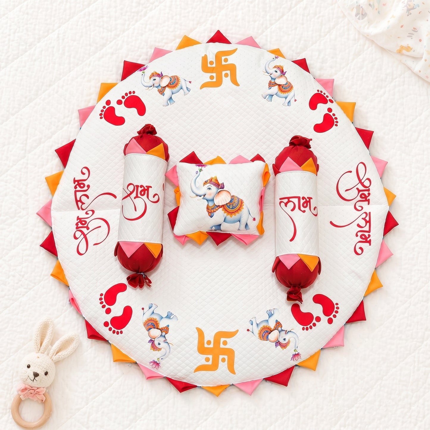MONIMINI ROYAL ELEPHANT THEME BABY BEDDING SET | SHUBH LABH ROUND MATTRESS COMBO FOR NEWBORNS