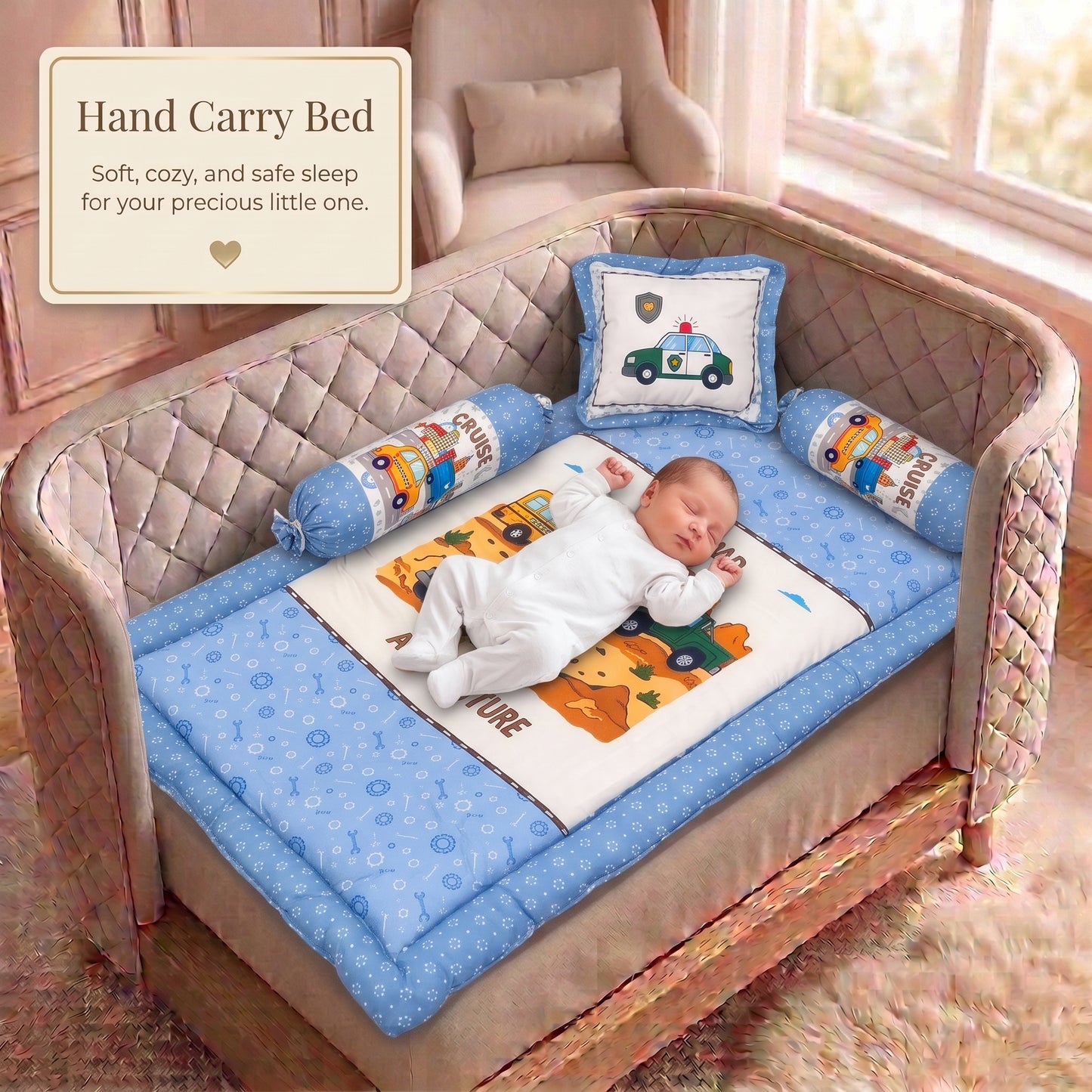 MONIMINI PREMIUM BABY BEDDING SET | DIGITAL PRINT MATTRESS, MOSQUITO NET SLEEPING BAG & BABY ESSENTIALS