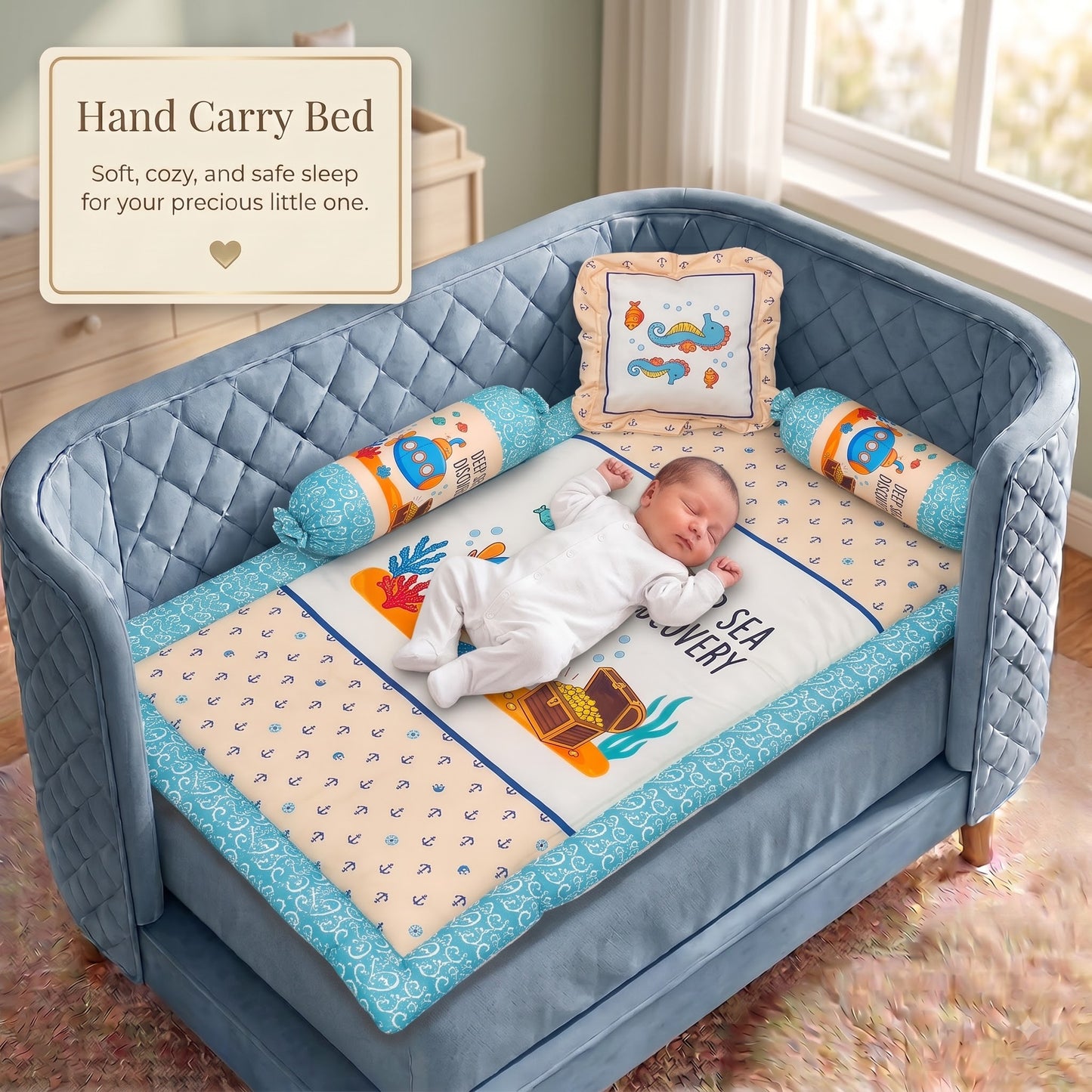 MONIMINI PREMIUM BABY BEDDING SET | DIGITAL PRINT MATTRESS, MOSQUITO NET SLEEPING BAG & BABY ESSENTIALS