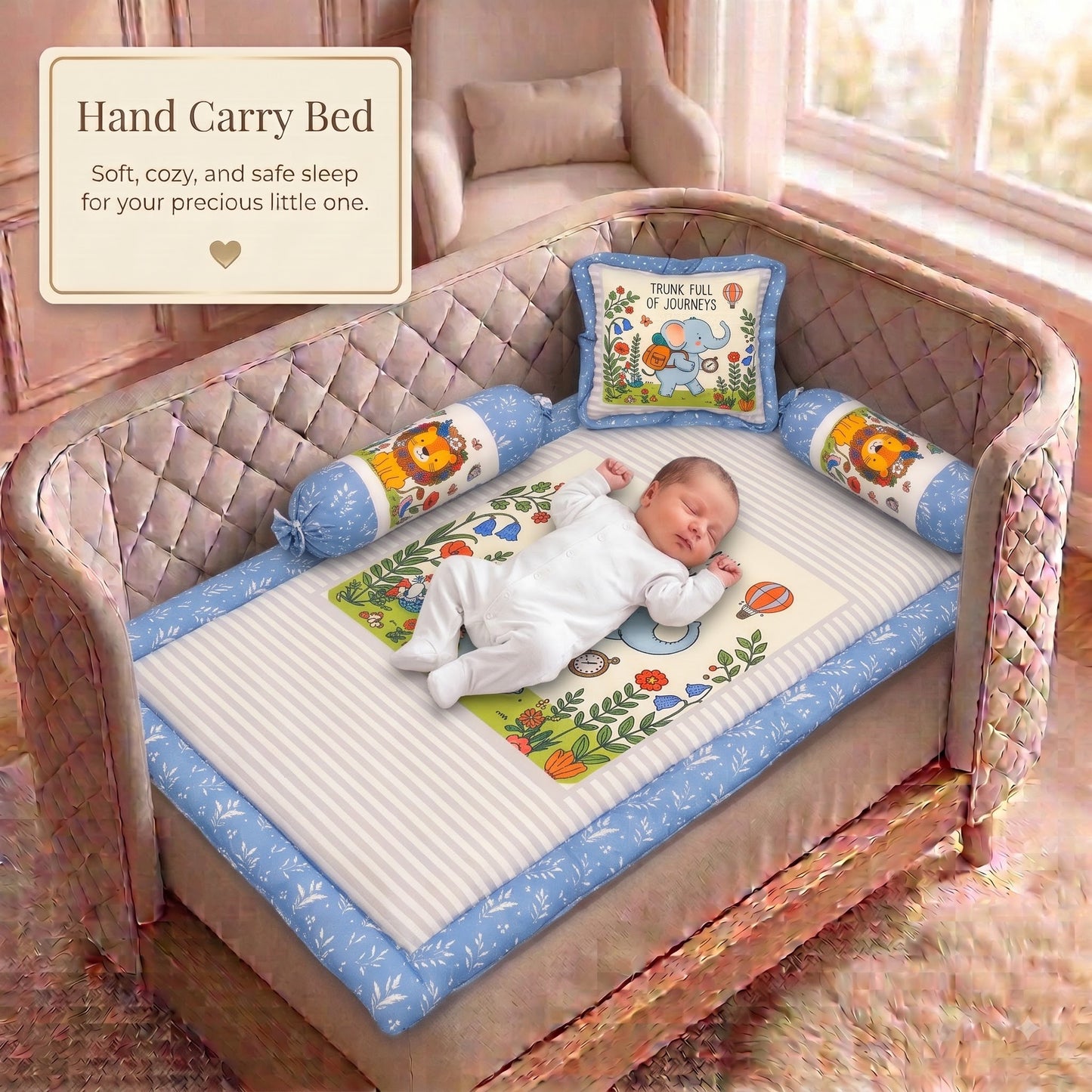 MONIMINI PREMIUM BABY BEDDING SET | DIGITAL PRINT MATTRESS, MOSQUITO NET SLEEPING BAG & BABY ESSENTIALS