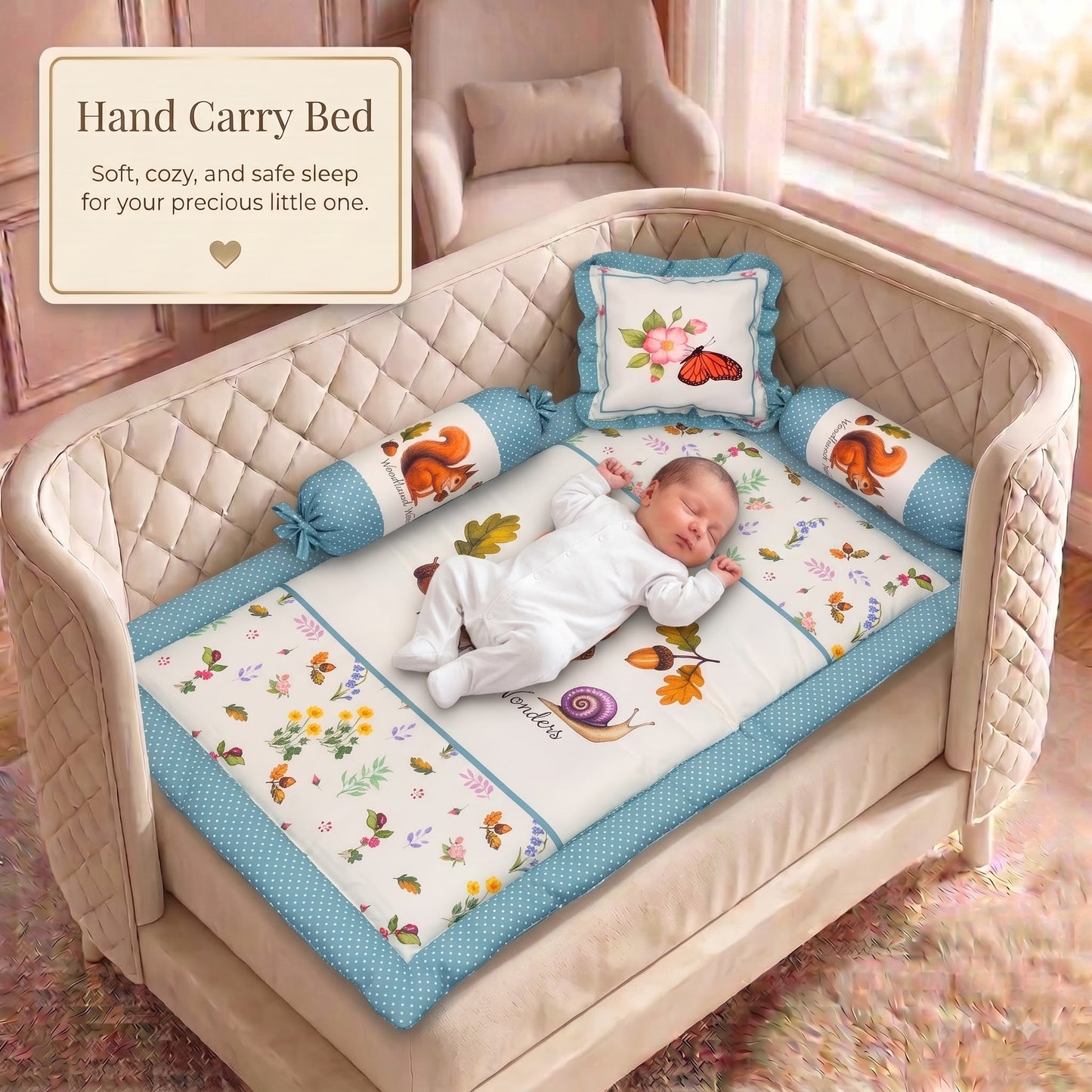 MONIMINI PREMIUM BABY BEDDING SET | DIGITAL PRINT MATTRESS, MOSQUITO NET SLEEPING BAG & BABY ESSENTIALS