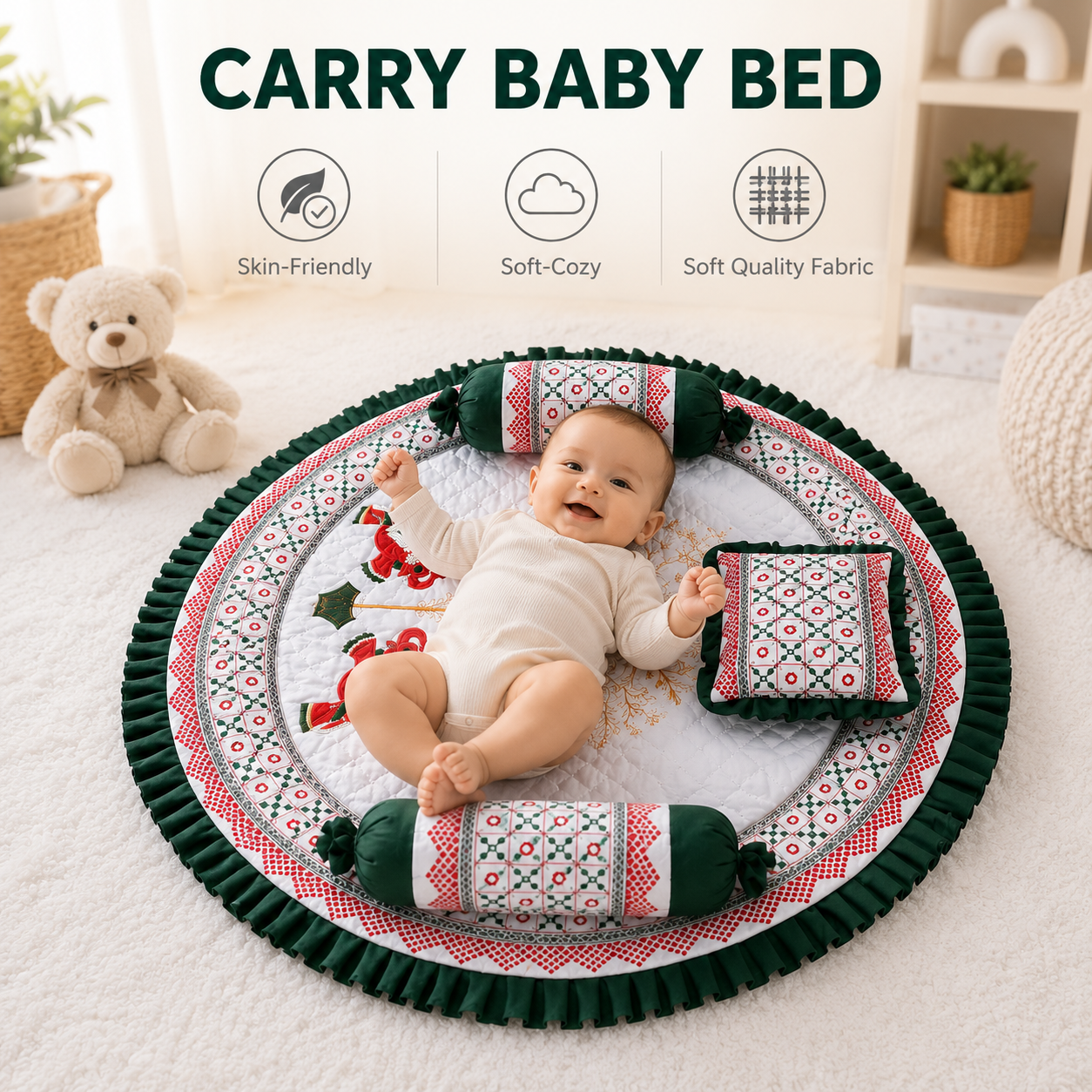 MONIMINI ROYAL EMBROIDERY ELEPHANT BABY BEDDING SET | PREMIUM ROUND NEWBORN MATTRESS WITH PILLOW & BOLSTERS (Copy)