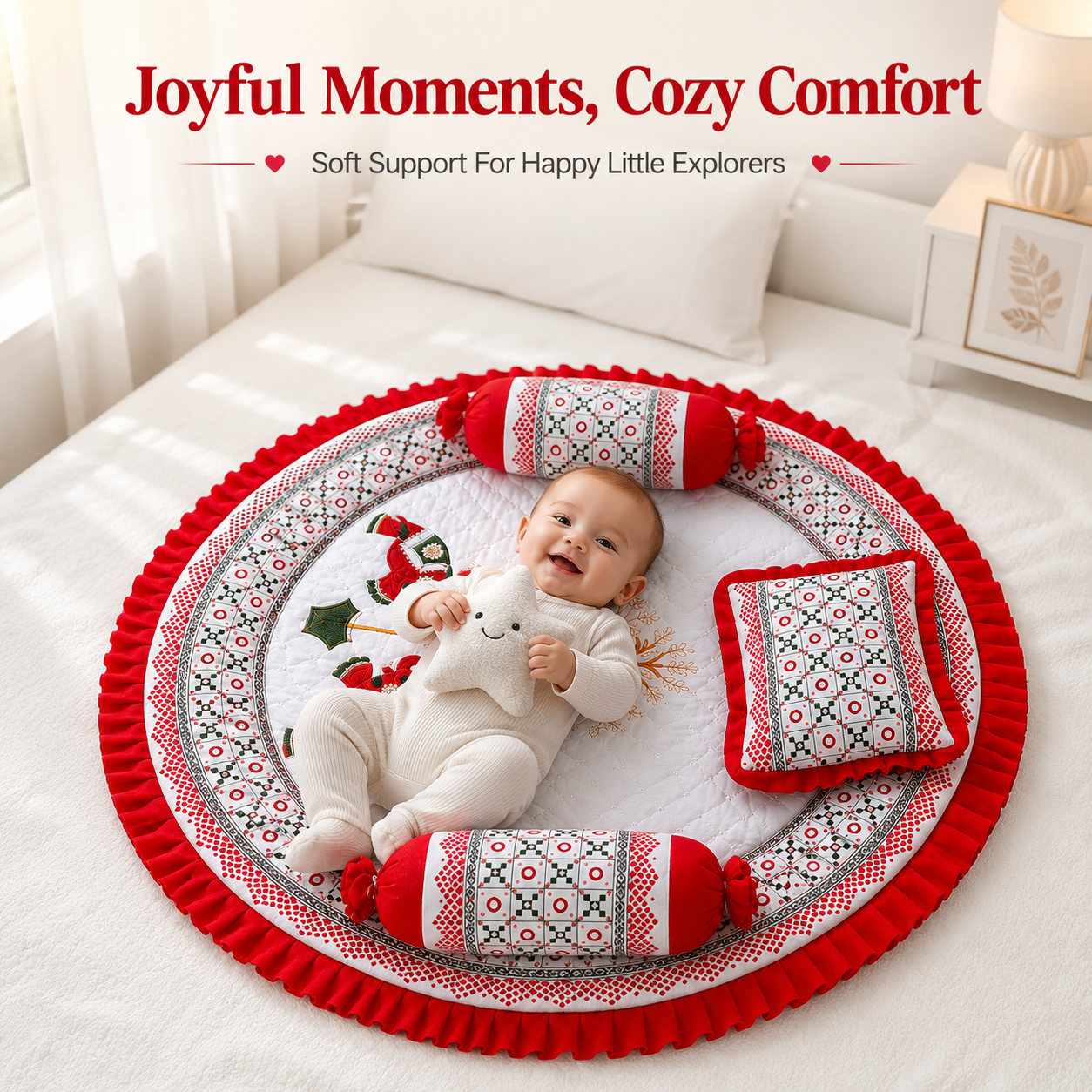 MONIMINI ROYAL EMBROIDERY ELEPHANT BABY BEDDING SET | PREMIUM ROUND NEWBORN MATTRESS WITH PILLOW & BOLSTERS
