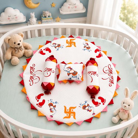 MONIMINI ROYAL ELEPHANT THEME BABY BEDDING SET | SHUBH LABH ROUND MATTRESS COMBO FOR NEWBORNS