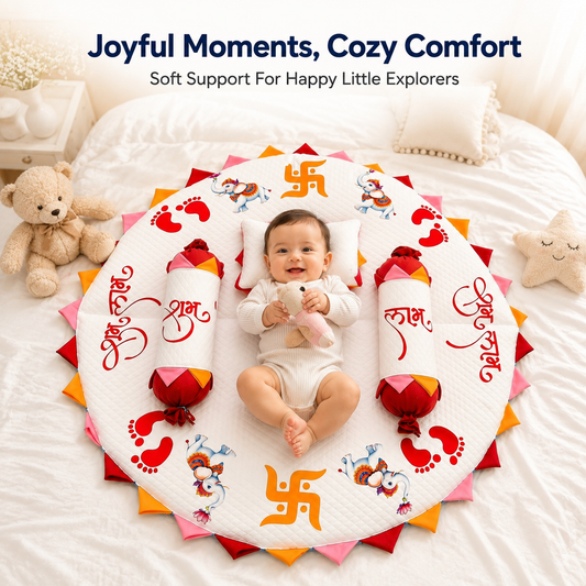 MONIMINI ROYAL ELEPHANT THEME BABY BEDDING SET | SHUBH LABH ROUND MATTRESS COMBO FOR NEWBORNS