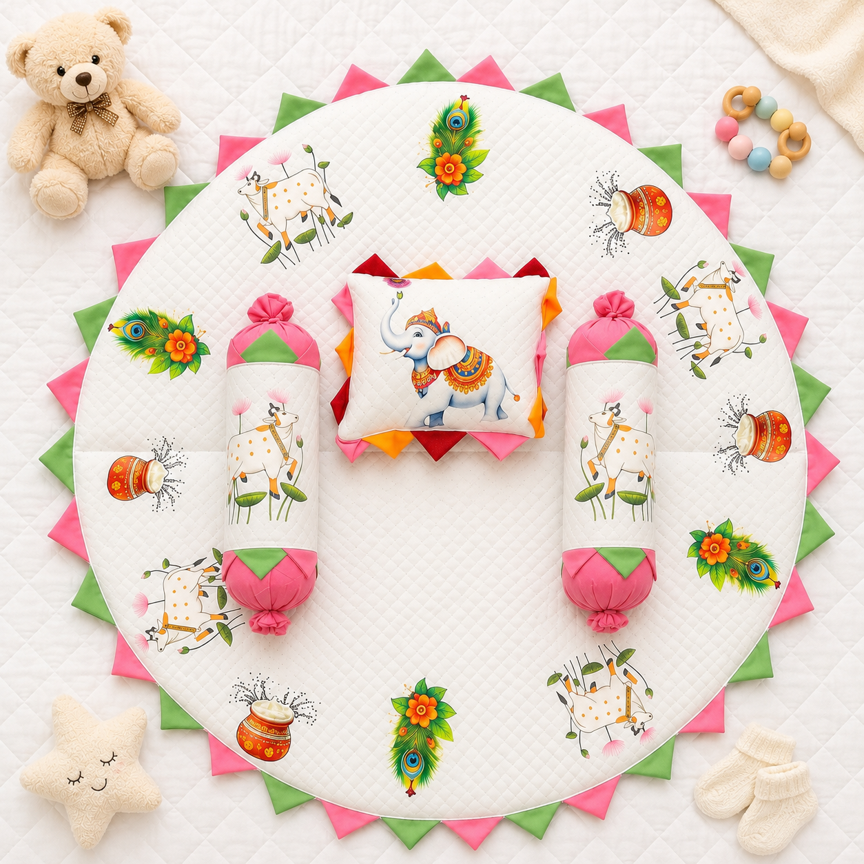 MONIMINI ROYAL THEME BABY BEDDING SET | PREMIUM ROUND NEWBORN MATTRESS WITH PILLOW & BOLSTERS