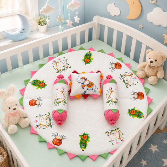 MONIMINI ROYAL THEME BABY BEDDING SET | PREMIUM ROUND NEWBORN MATTRESS WITH PILLOW & BOLSTERS