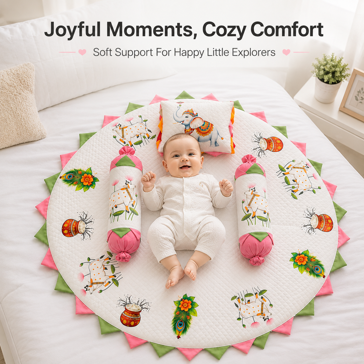 MONIMINI ROYAL THEME BABY BEDDING SET | PREMIUM ROUND NEWBORN MATTRESS WITH PILLOW & BOLSTERS