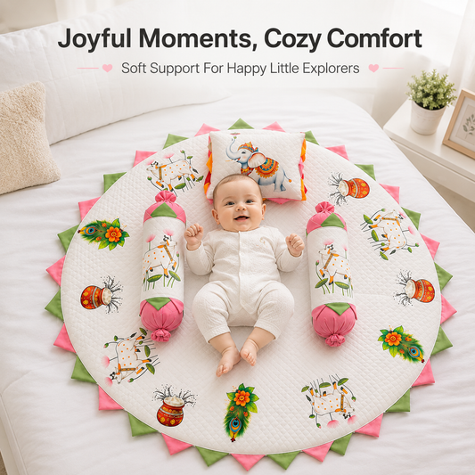 MONIMINI ROYAL THEME BABY BEDDING SET | PREMIUM ROUND NEWBORN MATTRESS WITH PILLOW & BOLSTERS