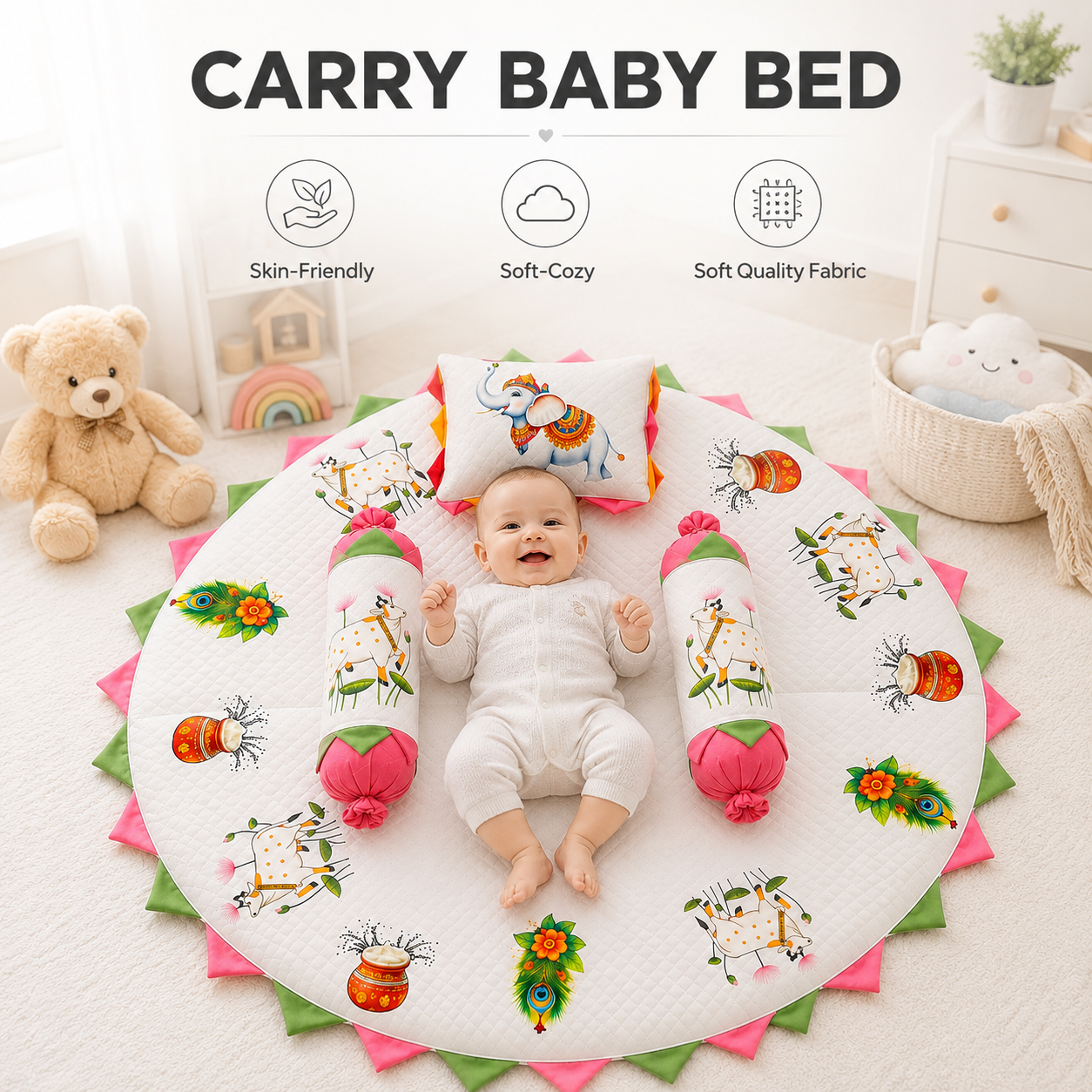 MONIMINI ROYAL THEME BABY BEDDING SET | PREMIUM ROUND NEWBORN MATTRESS WITH PILLOW & BOLSTERS