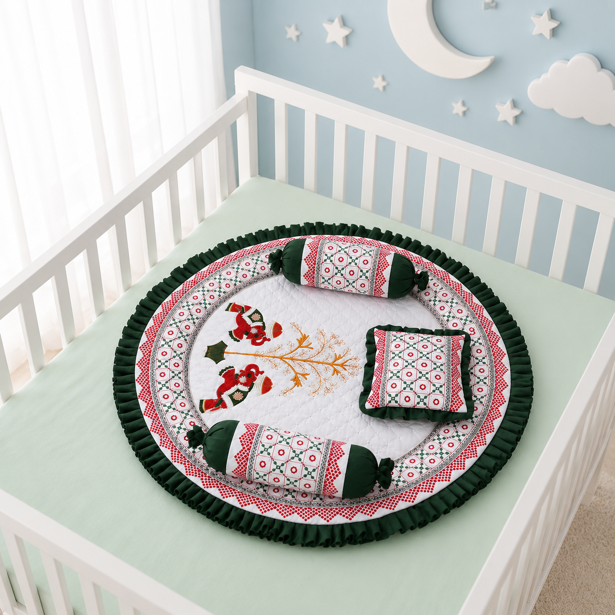 MONIMINI ROYAL EMBROIDERY ELEPHANT BABY BEDDING SET | PREMIUM ROUND NEWBORN MATTRESS WITH PILLOW & BOLSTERS (Copy)
