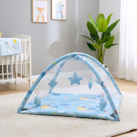 MONIMINI 3-IN-1 BABY PLAY GYM WITH MOSQUITO NET | FOLDABLE ACTIVITY MAT, HANGING TOYS & SAFE PLAY TENT FOR NEWBORNS