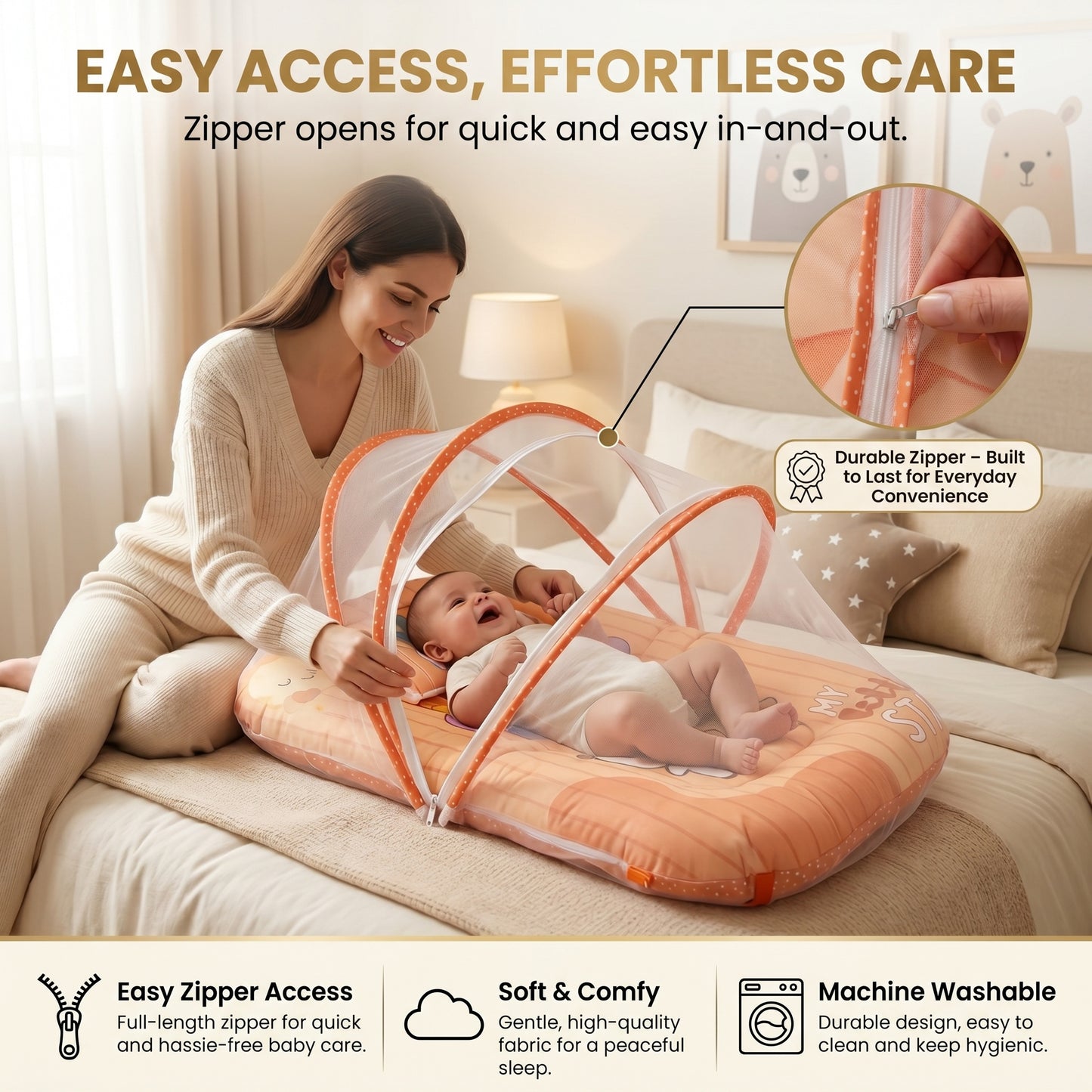 MONIMINI KING SIZE MOSQUITO NET BABY MATTRESS | PREMIUM DIGITAL PRINT SOFT COTTON SLEEPING & PLAY BED FOR NEWBORNS