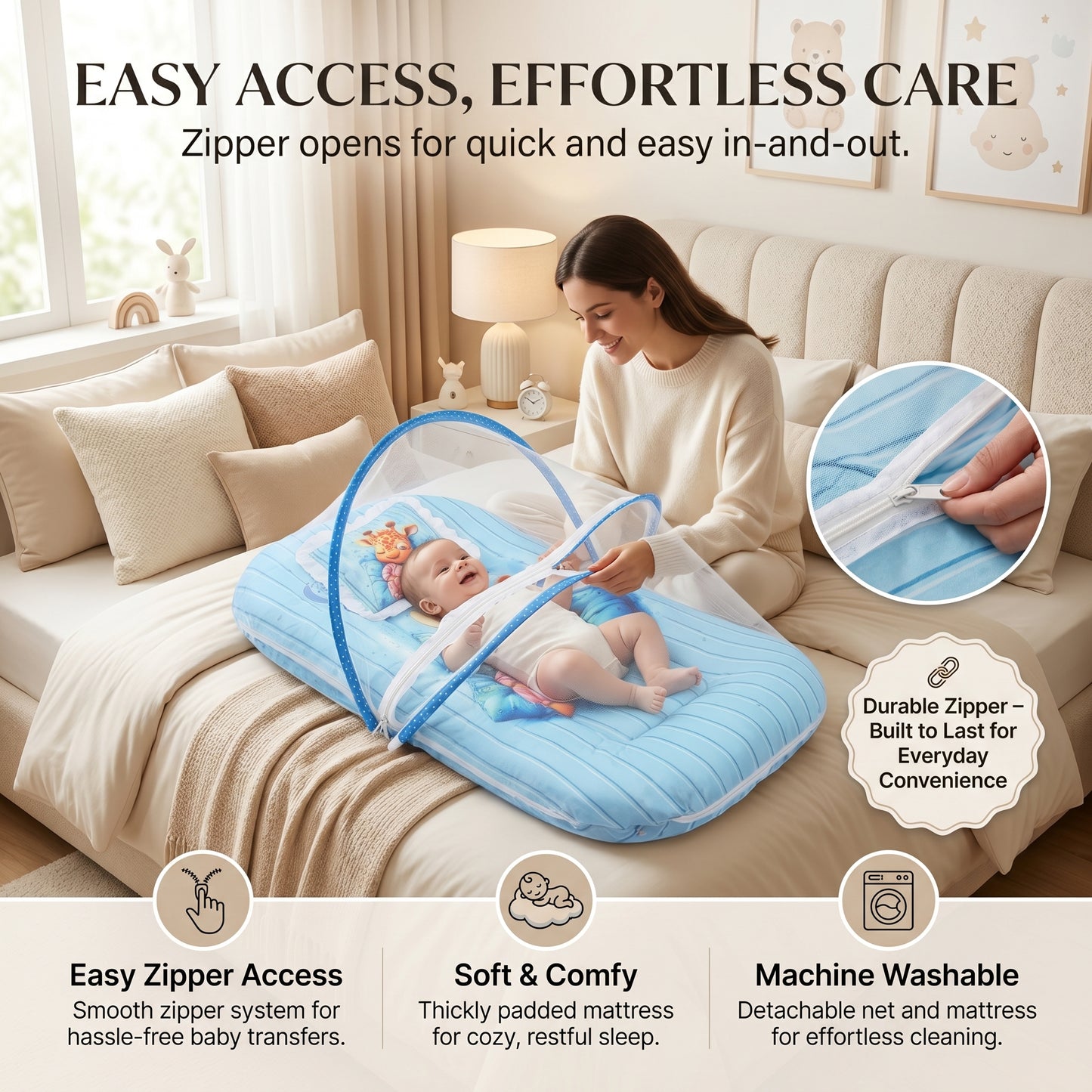 MONIMINI EXTRA LARGE BABY BED | BREATHABLE MOSQUITO NET & SOFT CUSHION COMFORT