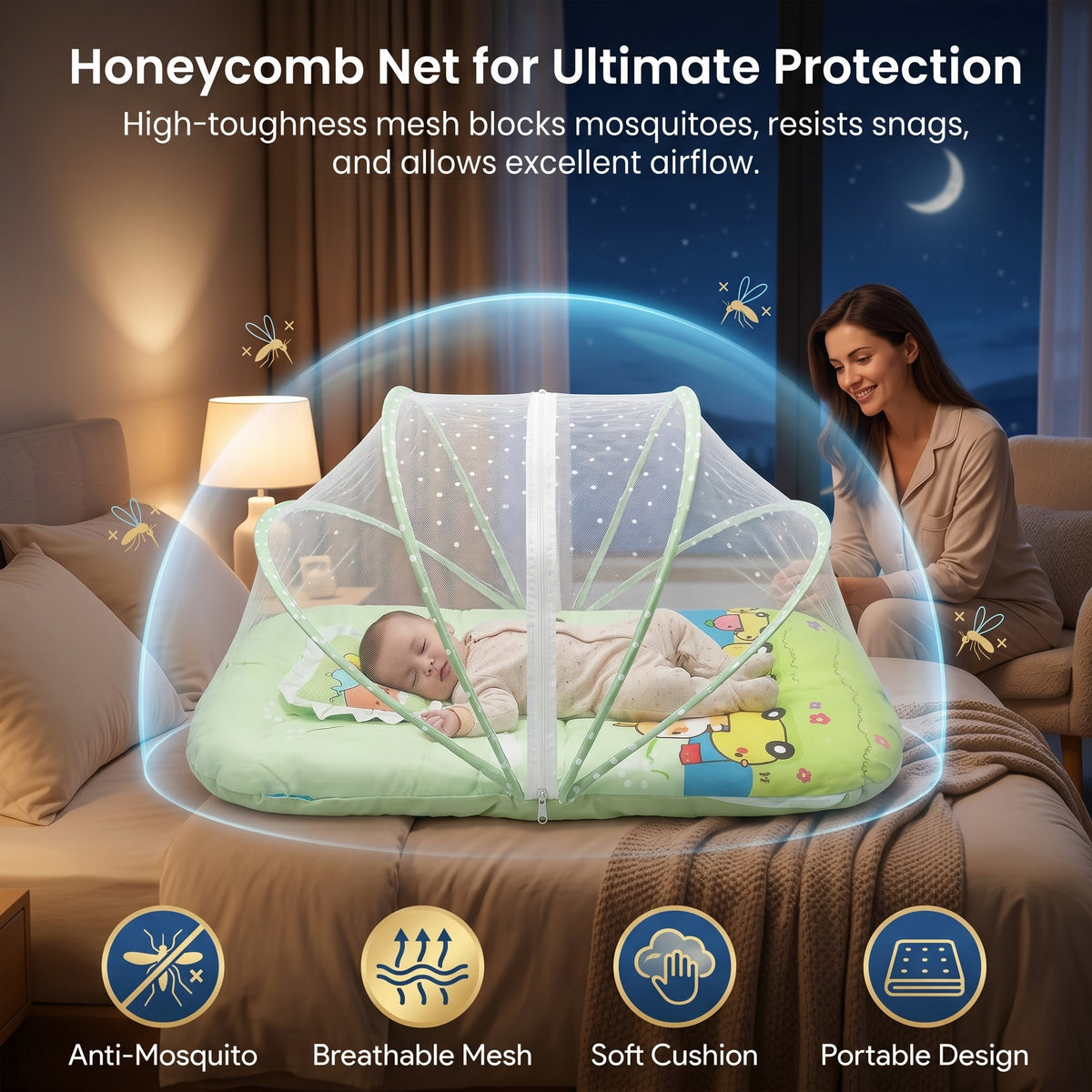 MONIMINI EXTRA LARGE BABY BED | BREATHABLE MOSQUITO NET & SOFT CUSHION COMFORT