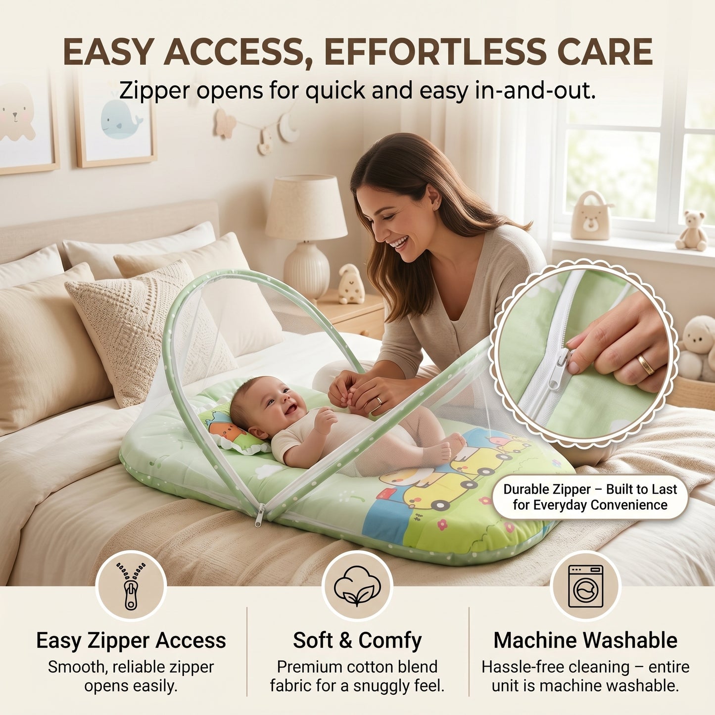 MONIMINI EXTRA LARGE BABY BED | BREATHABLE MOSQUITO NET & SOFT CUSHION COMFORT