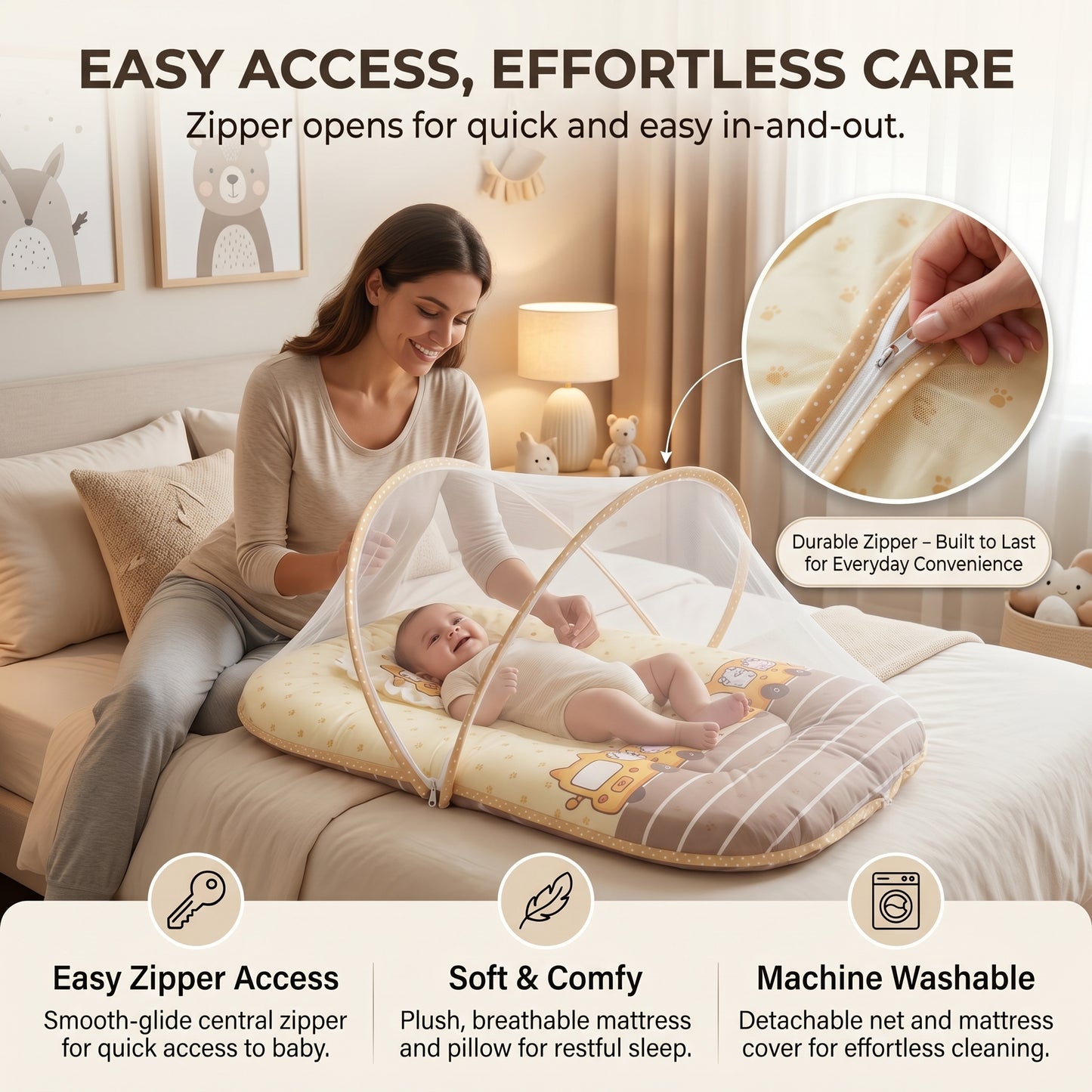 MONIMINI EXTRA LARGE BABY BED | BREATHABLE MOSQUITO NET & SOFT CUSHION COMFORT