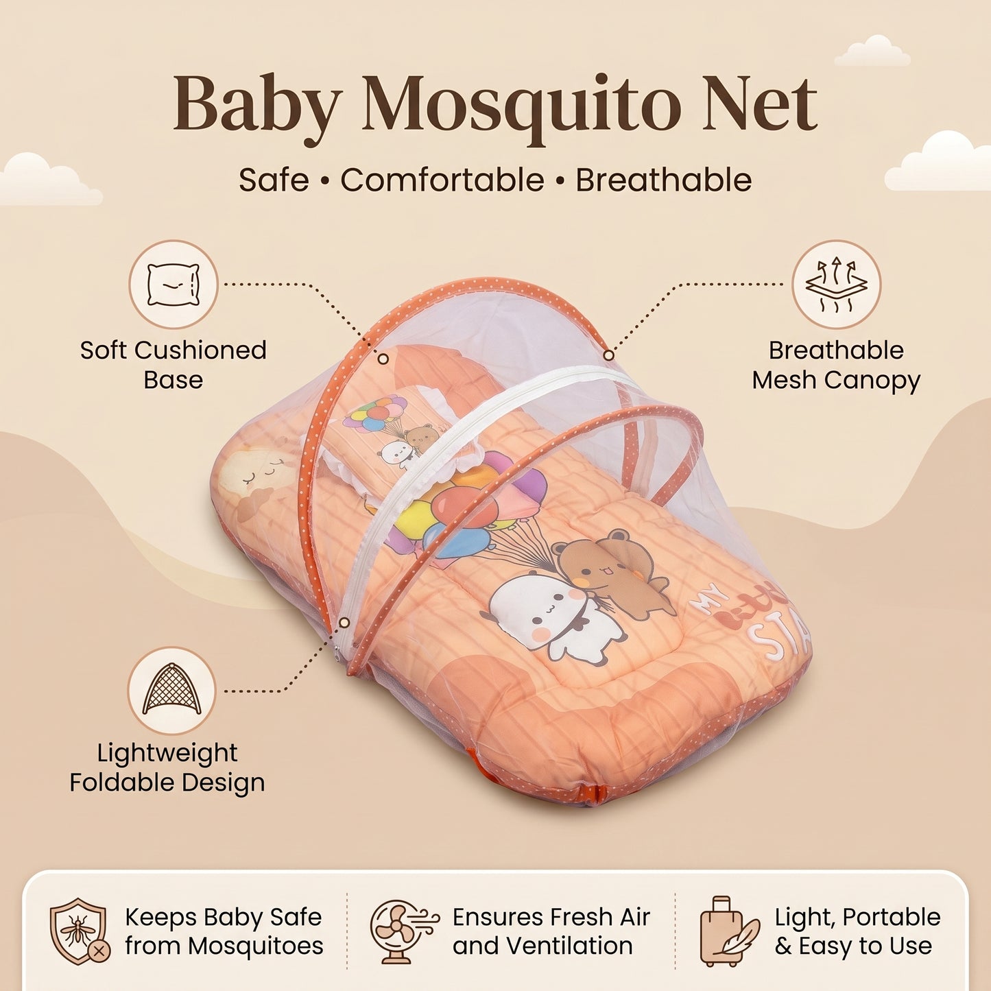 MONIMINI KING SIZE MOSQUITO NET BABY MATTRESS | PREMIUM DIGITAL PRINT SOFT COTTON SLEEPING & PLAY BED FOR NEWBORNS
