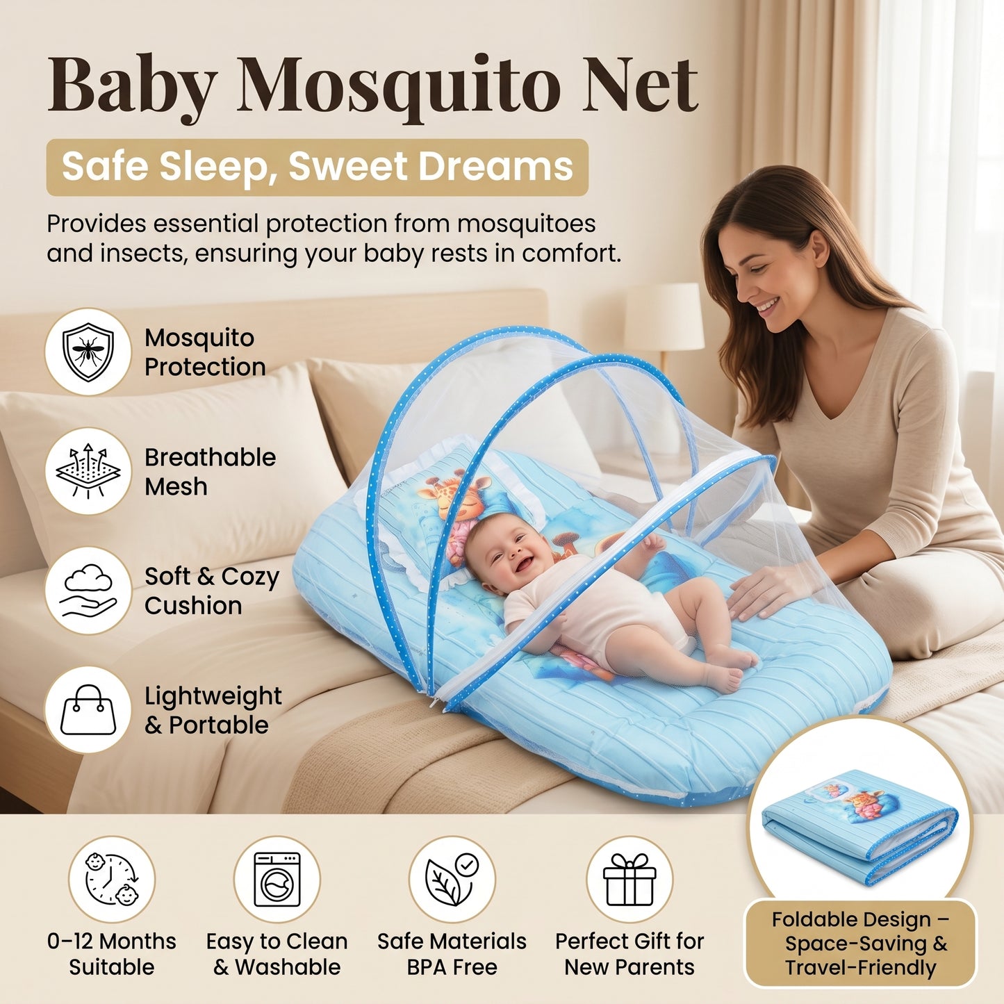 MONIMINI EXTRA LARGE BABY BED | BREATHABLE MOSQUITO NET & SOFT CUSHION COMFORT