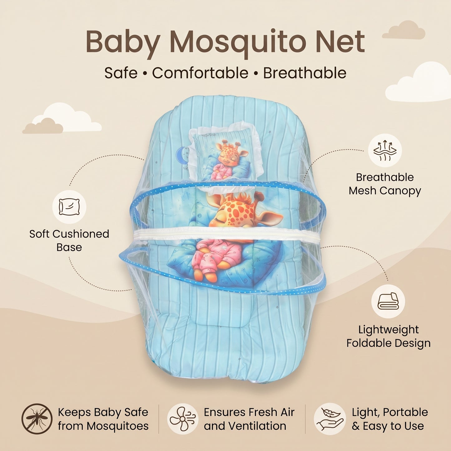 MONIMINI EXTRA LARGE BABY BED | BREATHABLE MOSQUITO NET & SOFT CUSHION COMFORT