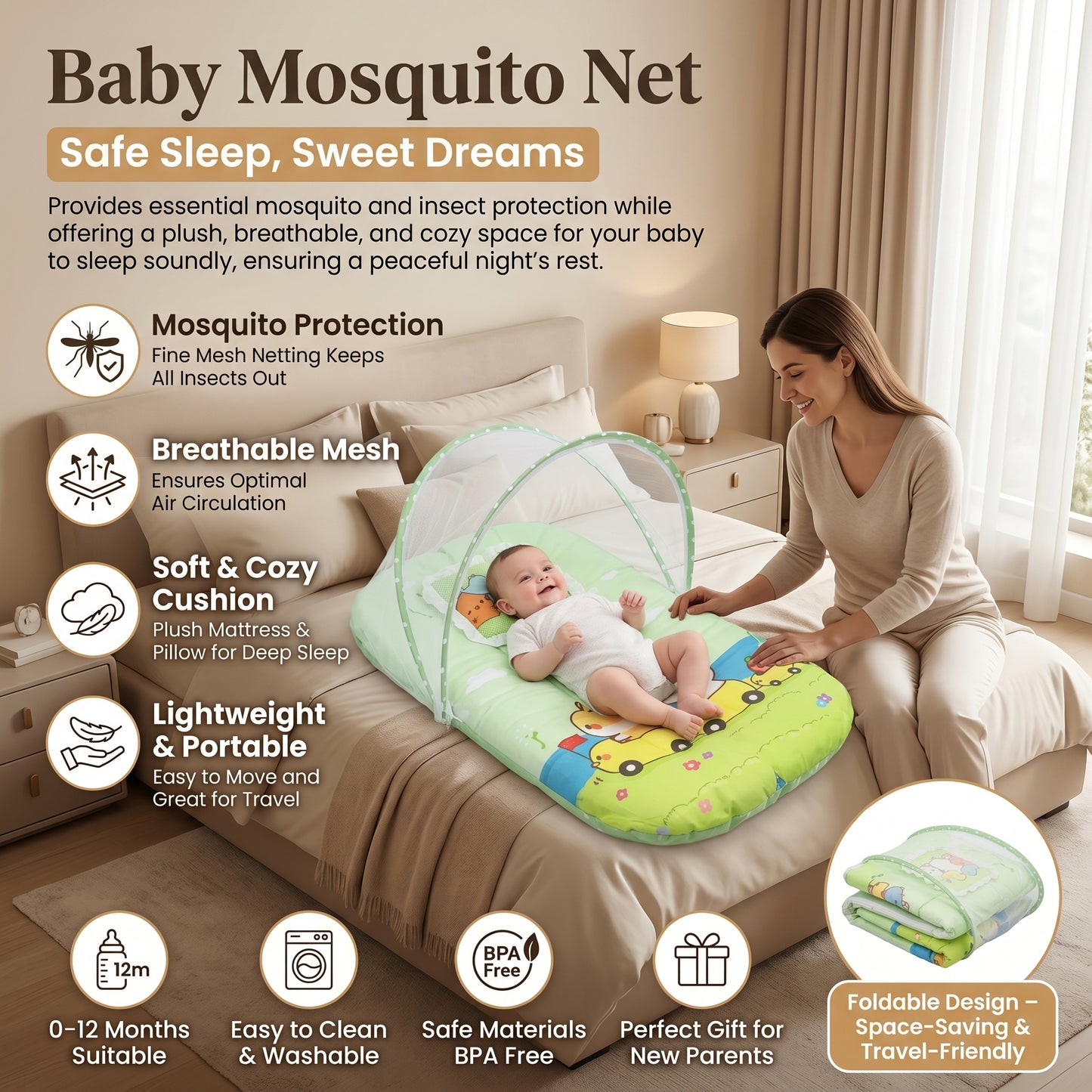 MONIMINI EXTRA LARGE BABY BED | BREATHABLE MOSQUITO NET & SOFT CUSHION COMFORT