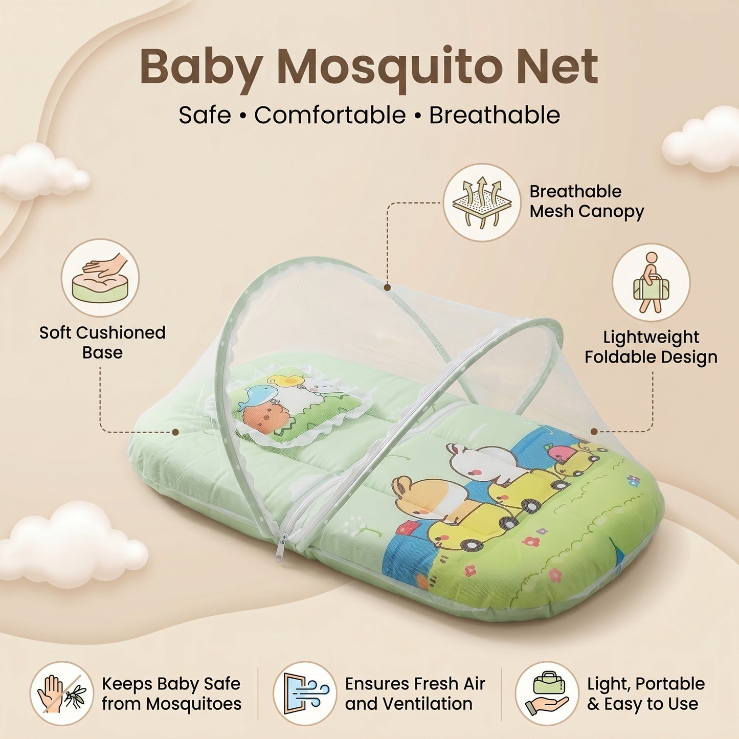 MONIMINI EXTRA LARGE BABY BED | BREATHABLE MOSQUITO NET & SOFT CUSHION COMFORT