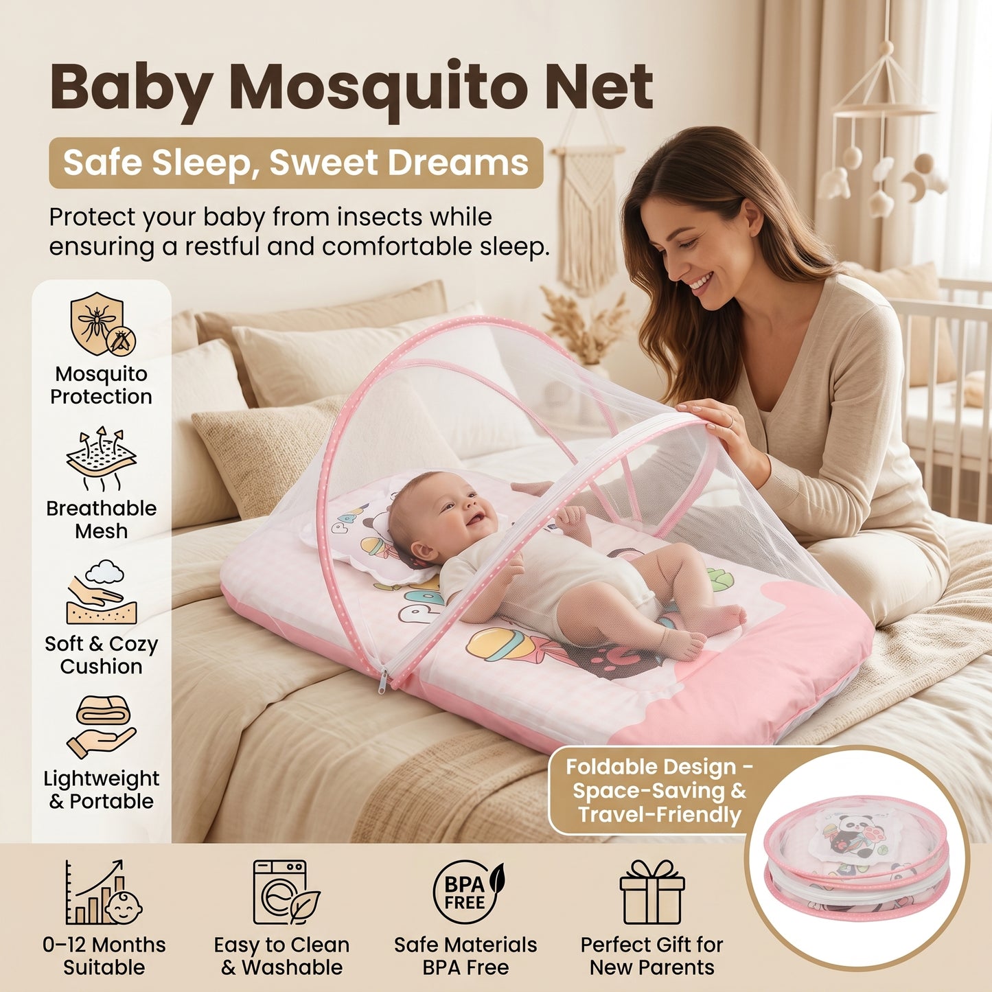 MONIMINI KING SIZE MOSQUITO NET BABY MATTRESS | PREMIUM DIGITAL PRINT SOFT COTTON SLEEPING & PLAY BED FOR NEWBORNS