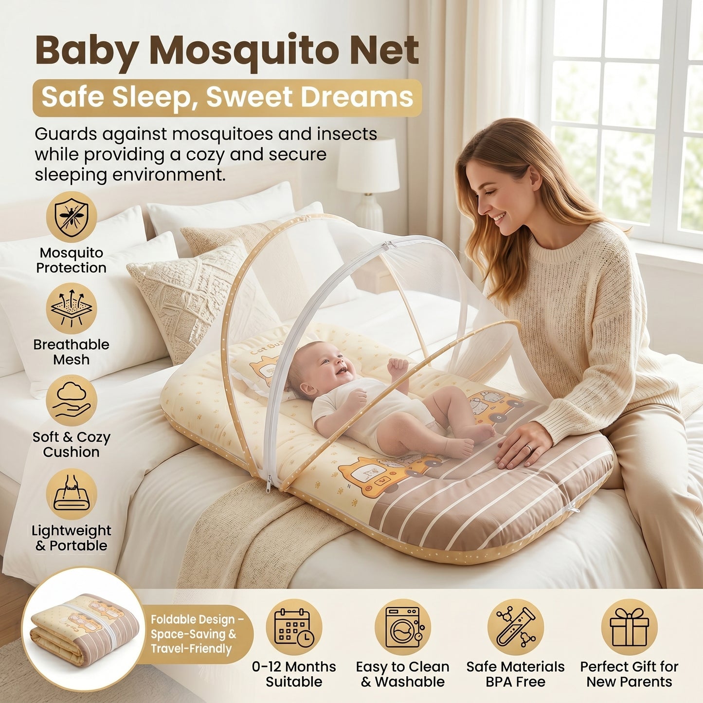 MONIMINI EXTRA LARGE BABY BED | BREATHABLE MOSQUITO NET & SOFT CUSHION COMFORT