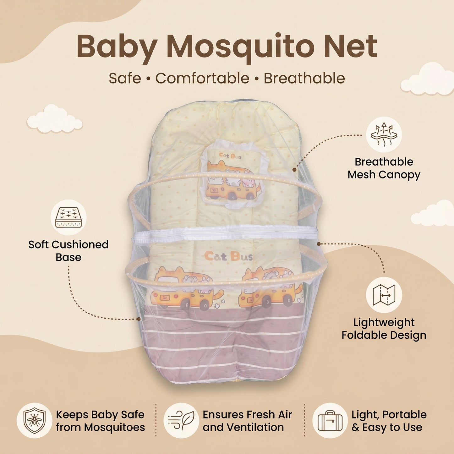 MONIMINI EXTRA LARGE BABY BED | BREATHABLE MOSQUITO NET & SOFT CUSHION COMFORT
