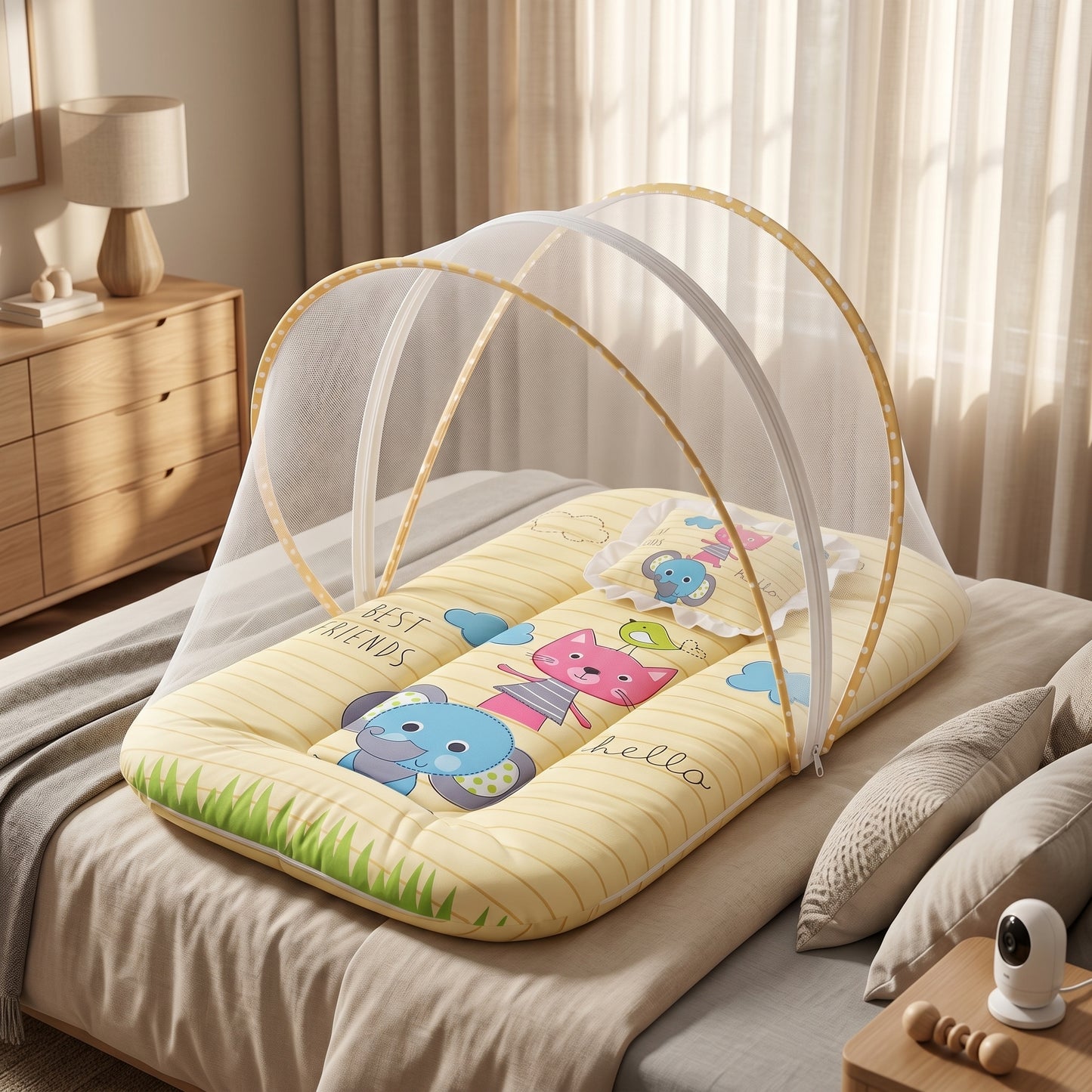 MONIMINI KING SIZE MOSQUITO NET BABY MATTRESS | PREMIUM DIGITAL PRINT SOFT COTTON SLEEPING & PLAY BED FOR NEWBORNS