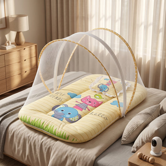 MONIMINI KING SIZE MOSQUITO NET BABY MATTRESS | PREMIUM DIGITAL PRINT SOFT COTTON SLEEPING & PLAY BED FOR NEWBORNS