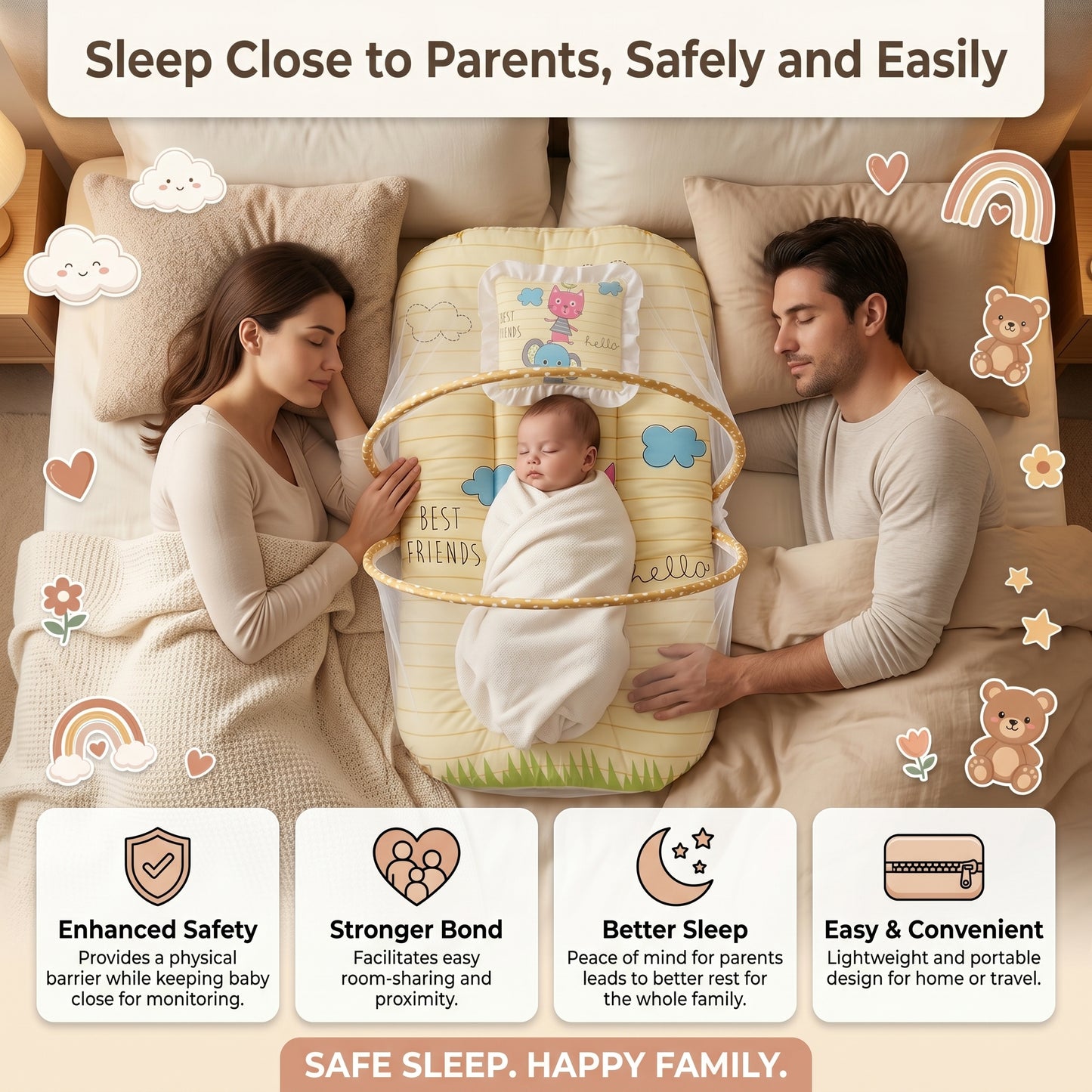MONIMINI KING SIZE MOSQUITO NET BABY MATTRESS | PREMIUM DIGITAL PRINT SOFT COTTON SLEEPING & PLAY BED FOR NEWBORNS