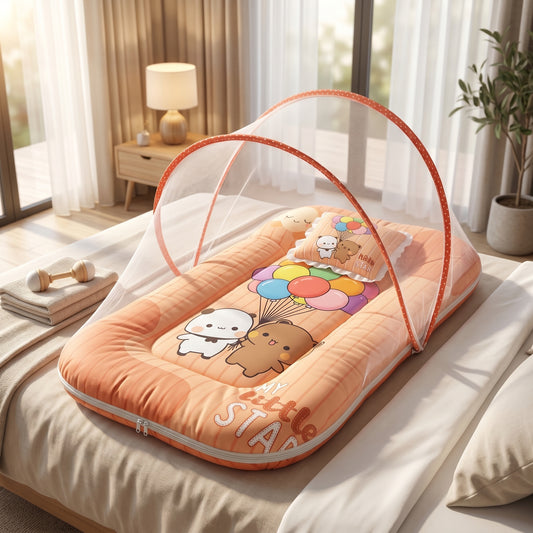 MONIMINI KING SIZE MOSQUITO NET BABY MATTRESS | PREMIUM DIGITAL PRINT SOFT COTTON SLEEPING & PLAY BED FOR NEWBORNS
