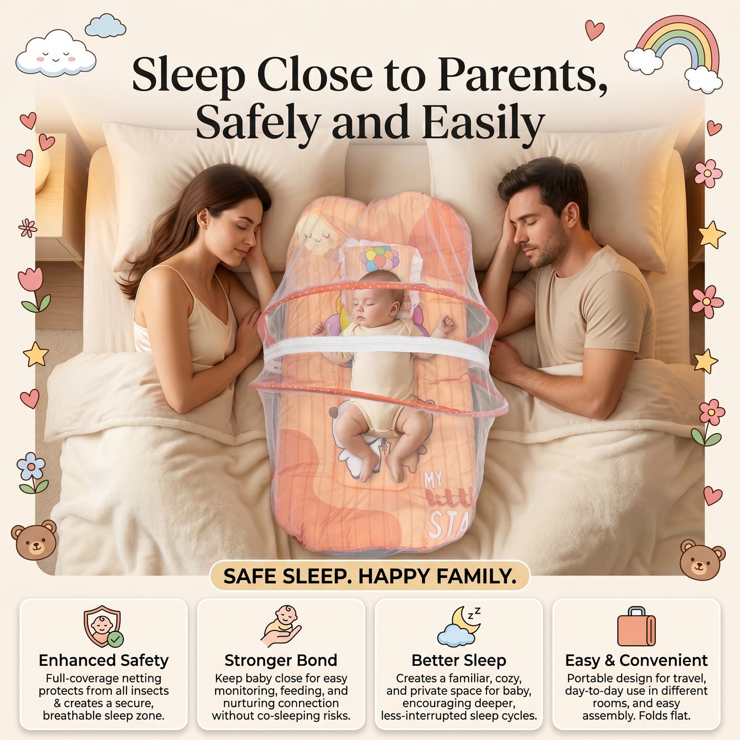 MONIMINI KING SIZE MOSQUITO NET BABY MATTRESS | PREMIUM DIGITAL PRINT SOFT COTTON SLEEPING & PLAY BED FOR NEWBORNS