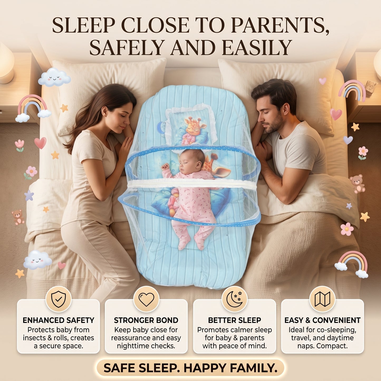 MONIMINI EXTRA LARGE BABY BED | BREATHABLE MOSQUITO NET & SOFT CUSHION COMFORT