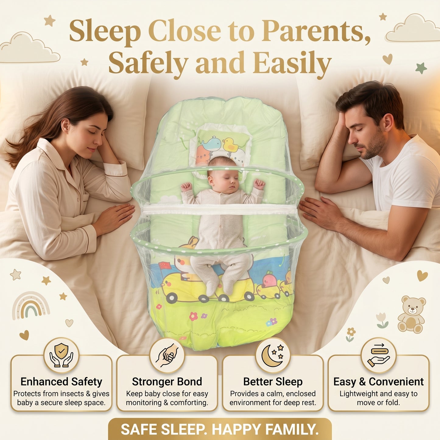 MONIMINI EXTRA LARGE BABY BED | BREATHABLE MOSQUITO NET & SOFT CUSHION COMFORT