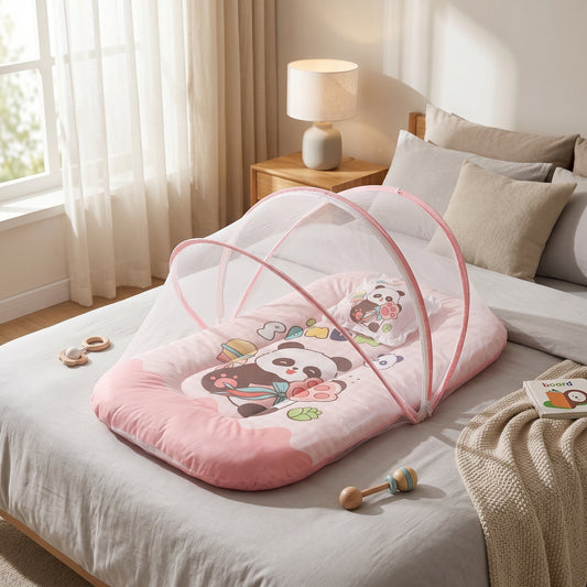 MONIMINI KING SIZE MOSQUITO NET BABY MATTRESS | PREMIUM DIGITAL PRINT SOFT COTTON SLEEPING & PLAY BED FOR NEWBORNS